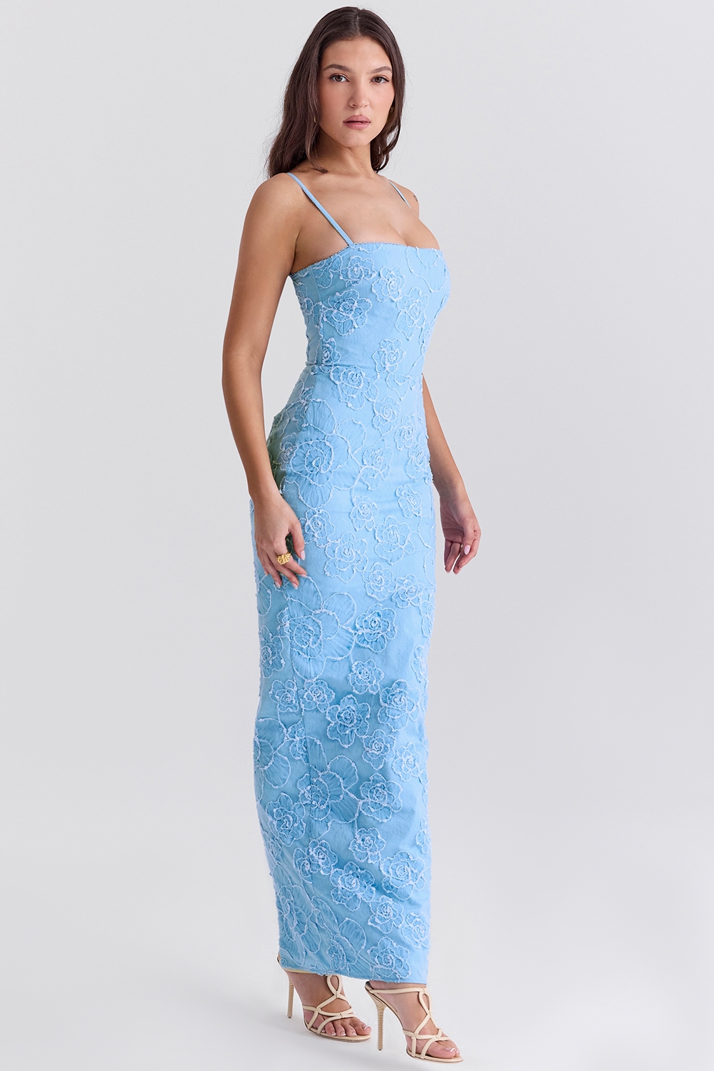 Eva-Tuscan Blue Embroidered Floral Maxi Dress