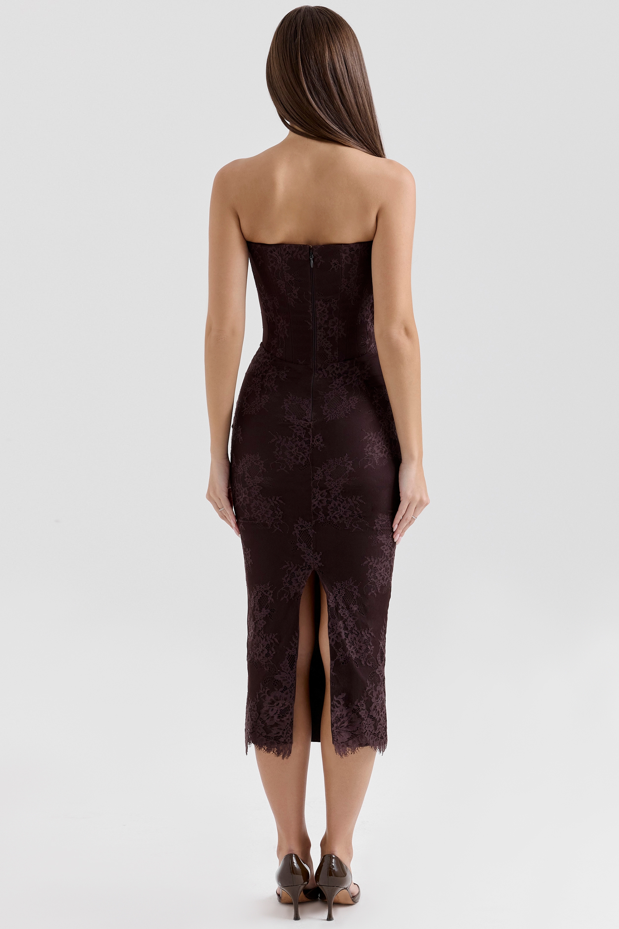 Larra-Bitter Chocolate Lace Corset Midi Dress & Bolero