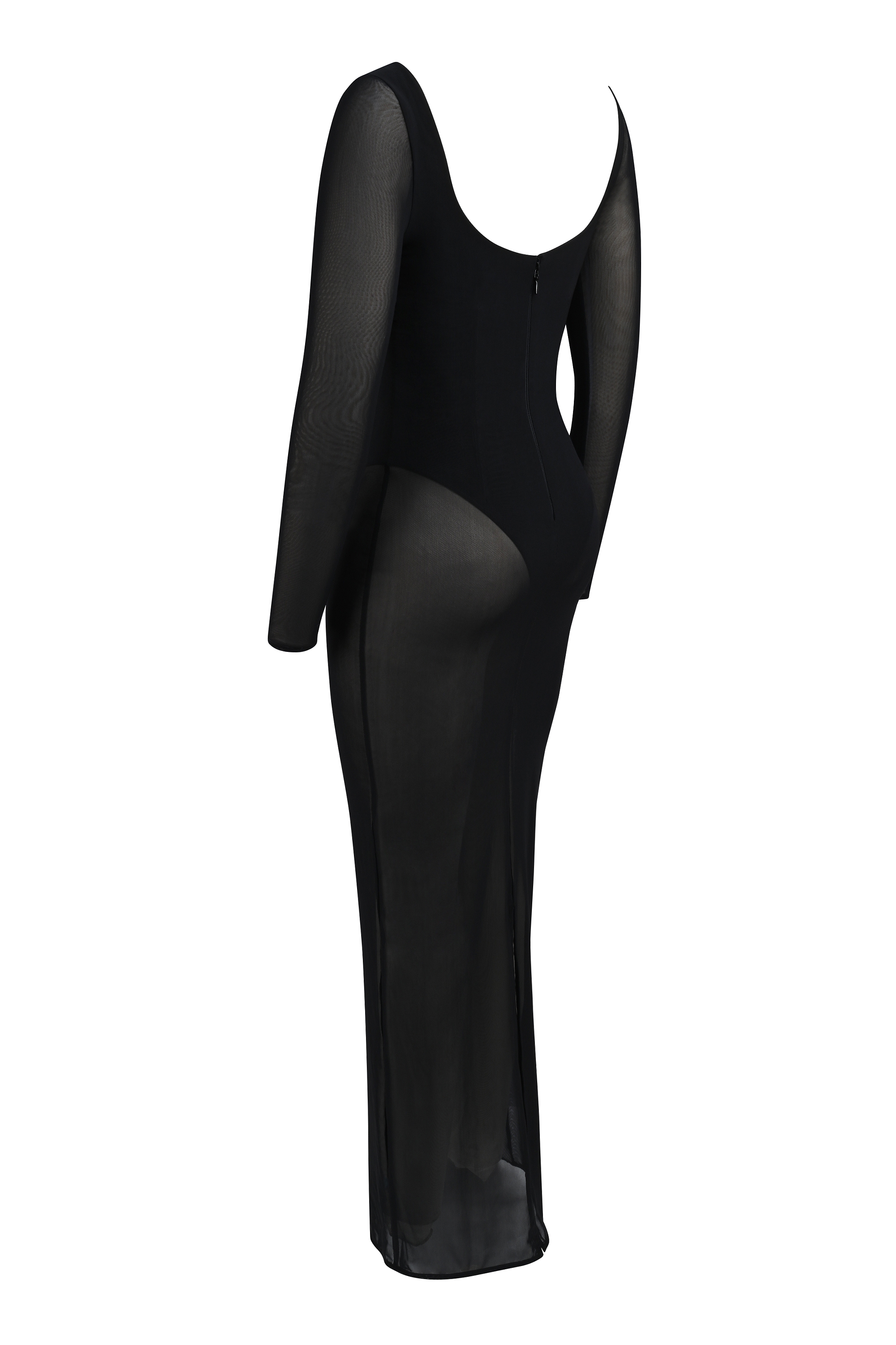 Everly-Black Mesh Maxi Dress with Bodysuit