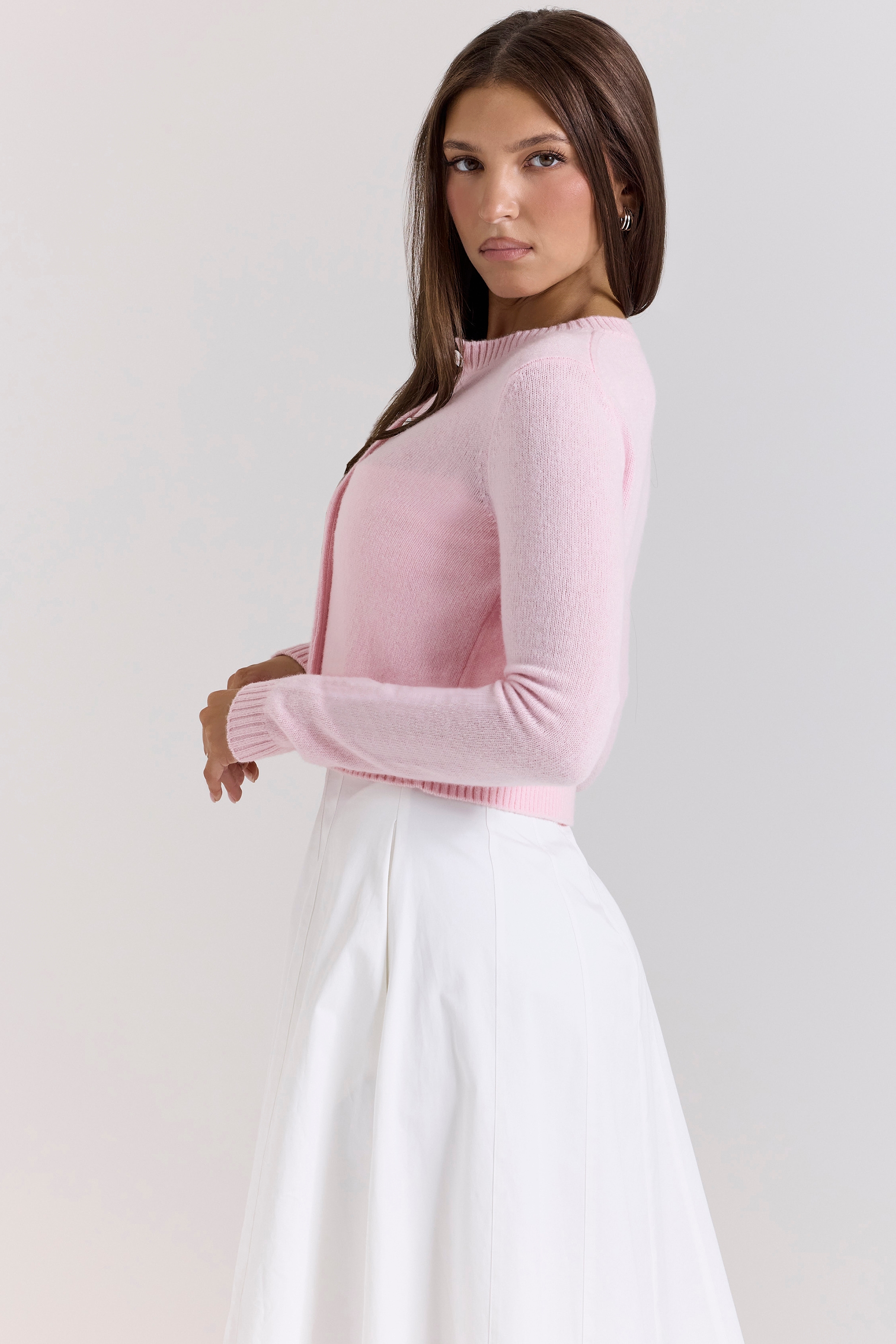Alliana-Pink Cropped Wool Cardigan