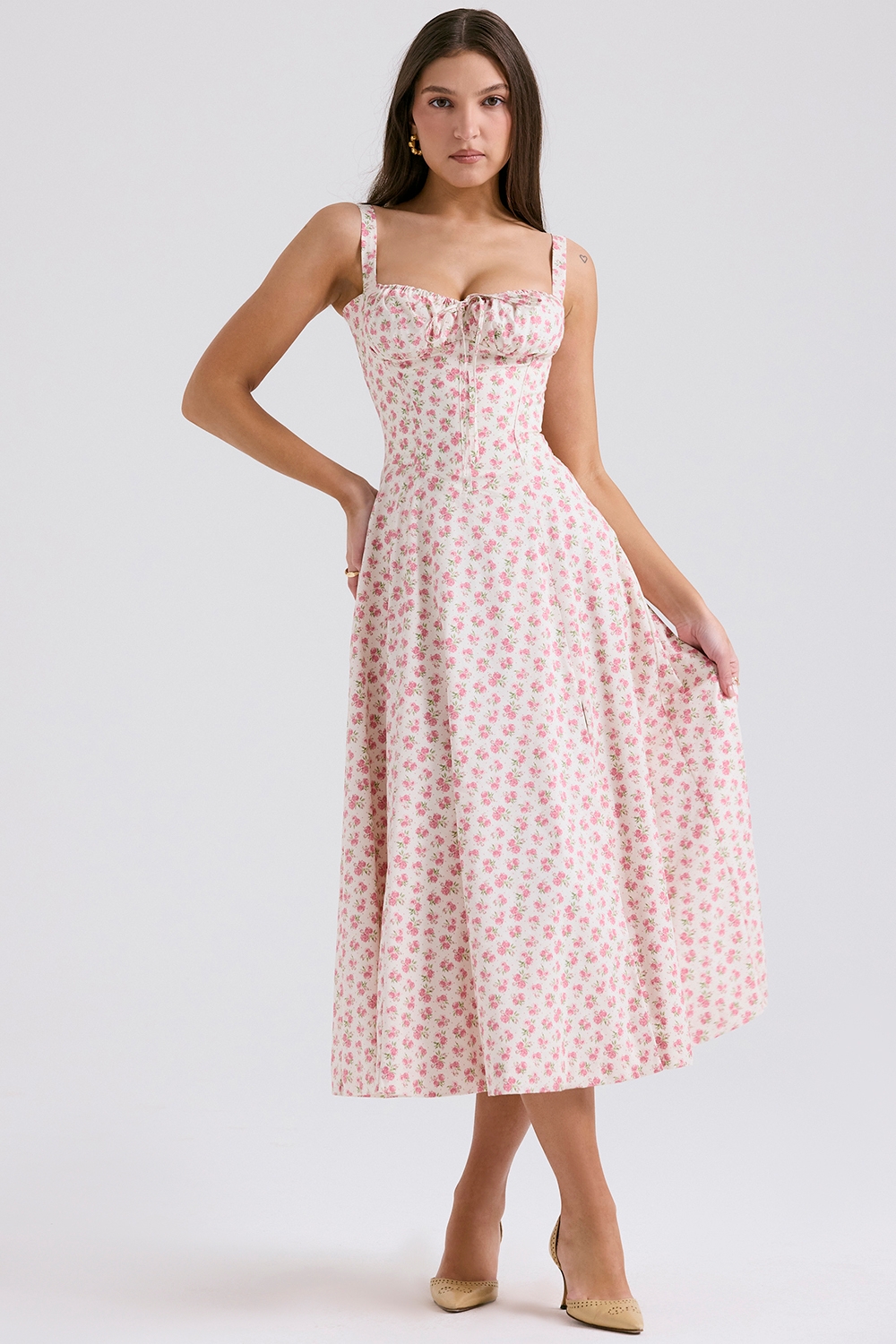 Carmen-White Rosebud Print Cotton Bustier Sundress