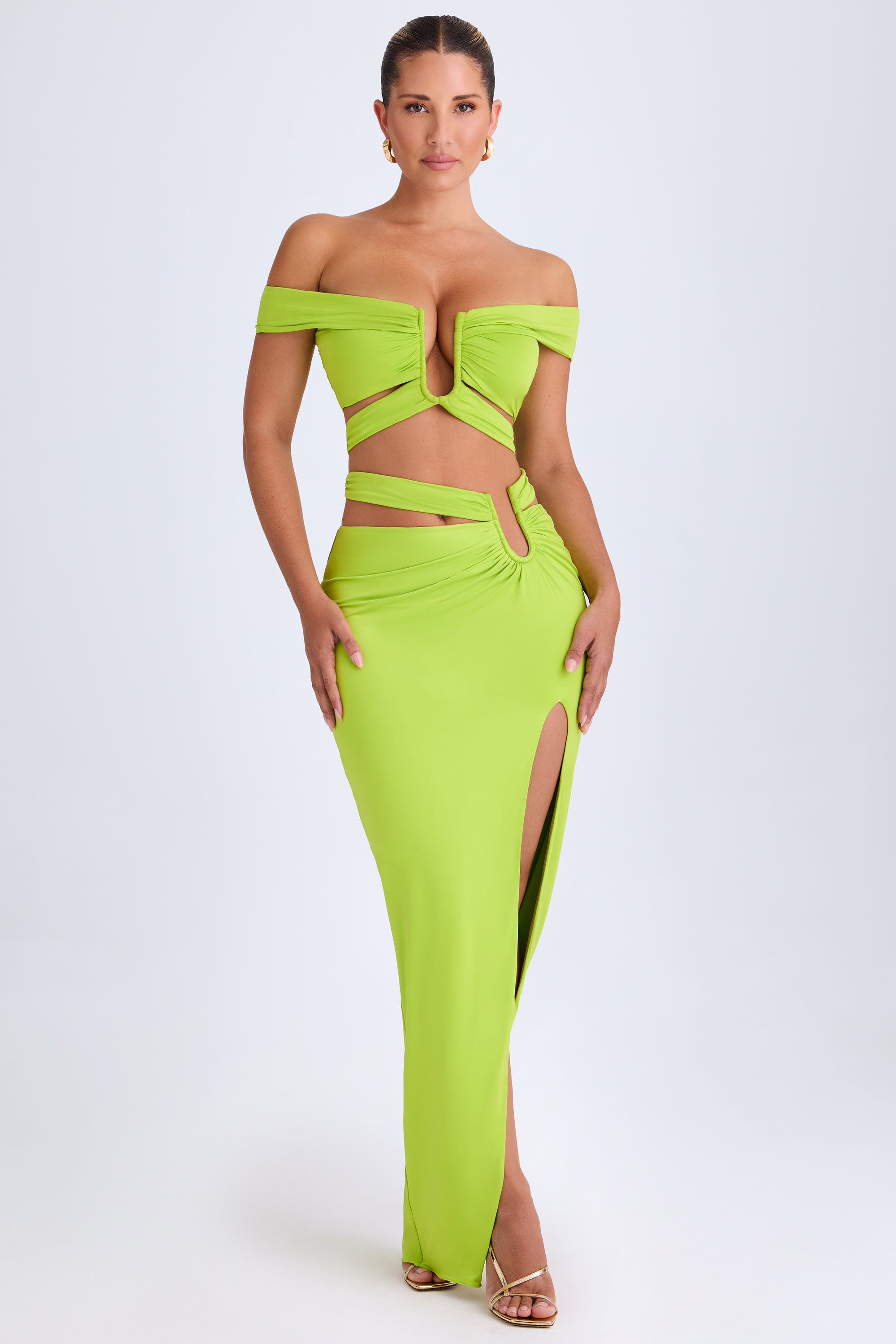 Urara-Asymmetric Cut-Out Maxi Skirt in Lime Green