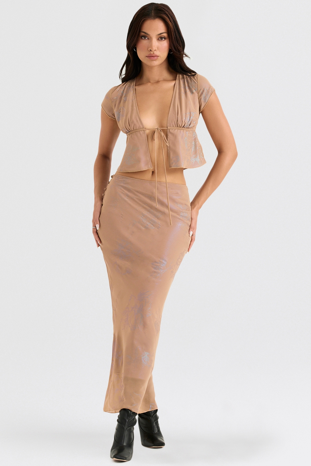 Dyana-Shimmer Cafe Au Lait Bias Cut Maxi Skirt