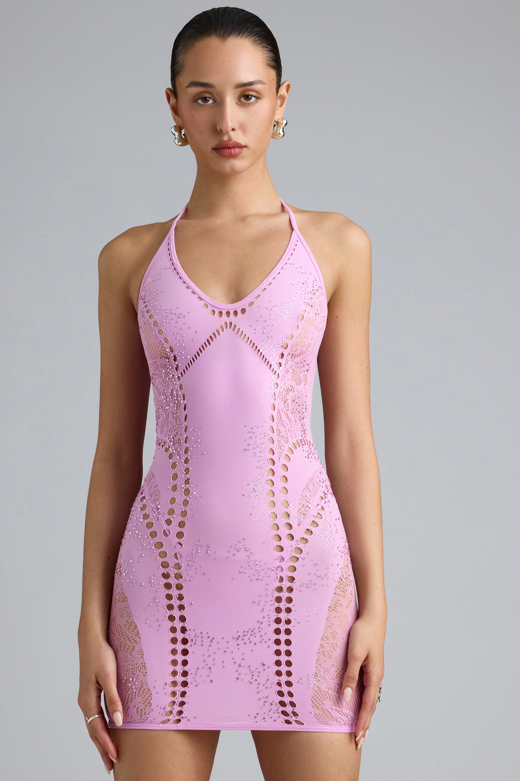 Tori-Embellished Halterneck Mini Dress in Violet Pink