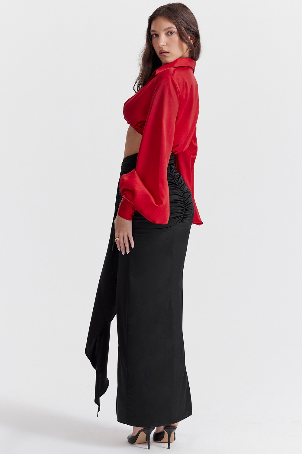 Arla-Black Draped Silk Maxi Skirt