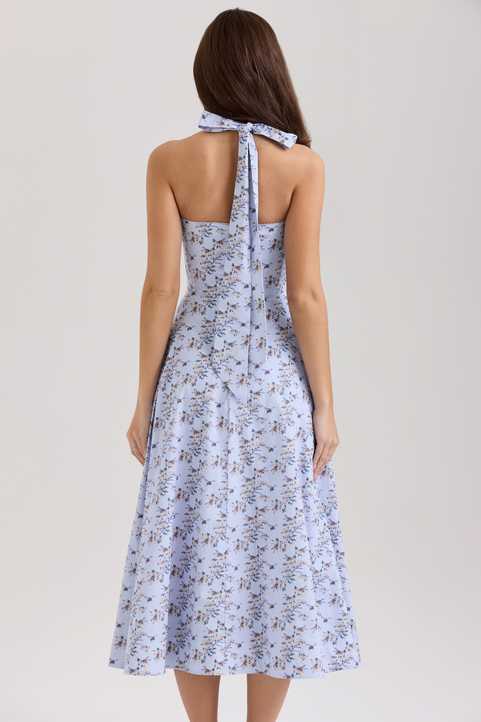 Claudia-Blue Floral Print Stretch Cotton Halter Neck Midi Dress