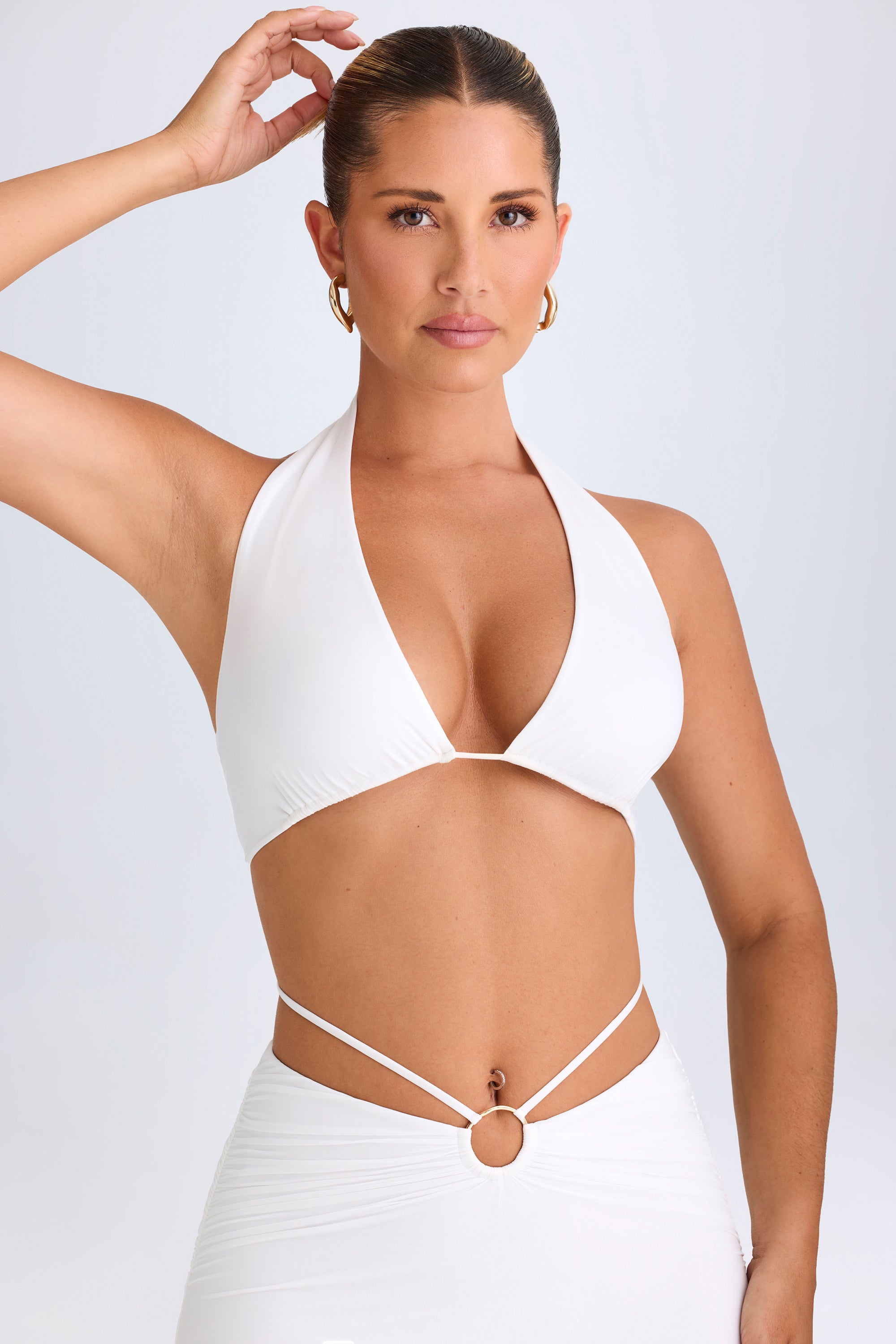 Vella-Plunge Hardware-Detail Halterneck Crop Top in White