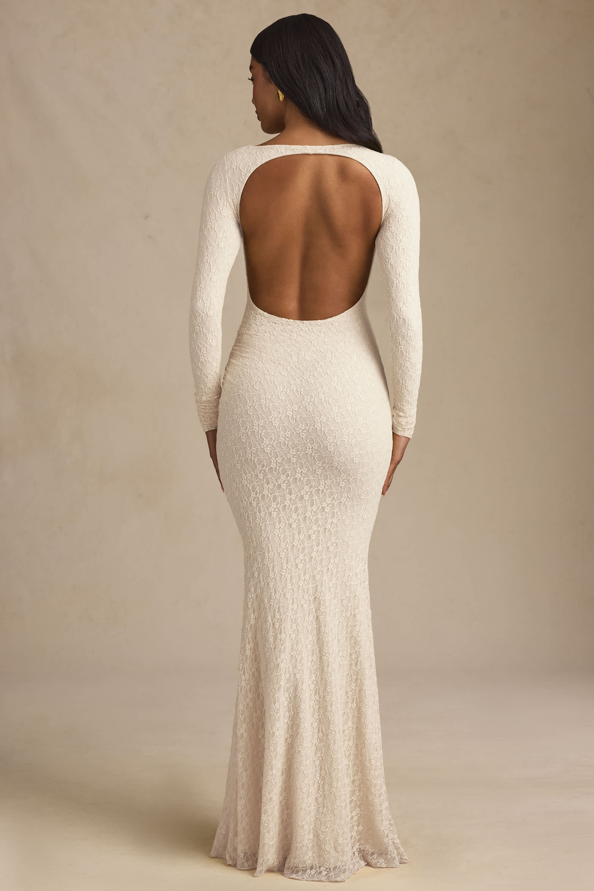 Tarini-Ruched Backless Lace Maxi Dress in Ivory