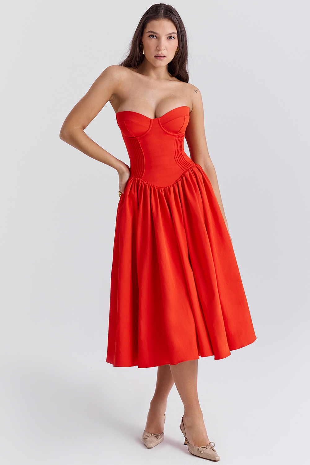 Elizabeth-Italian Tomato Strapless Midi Sundress