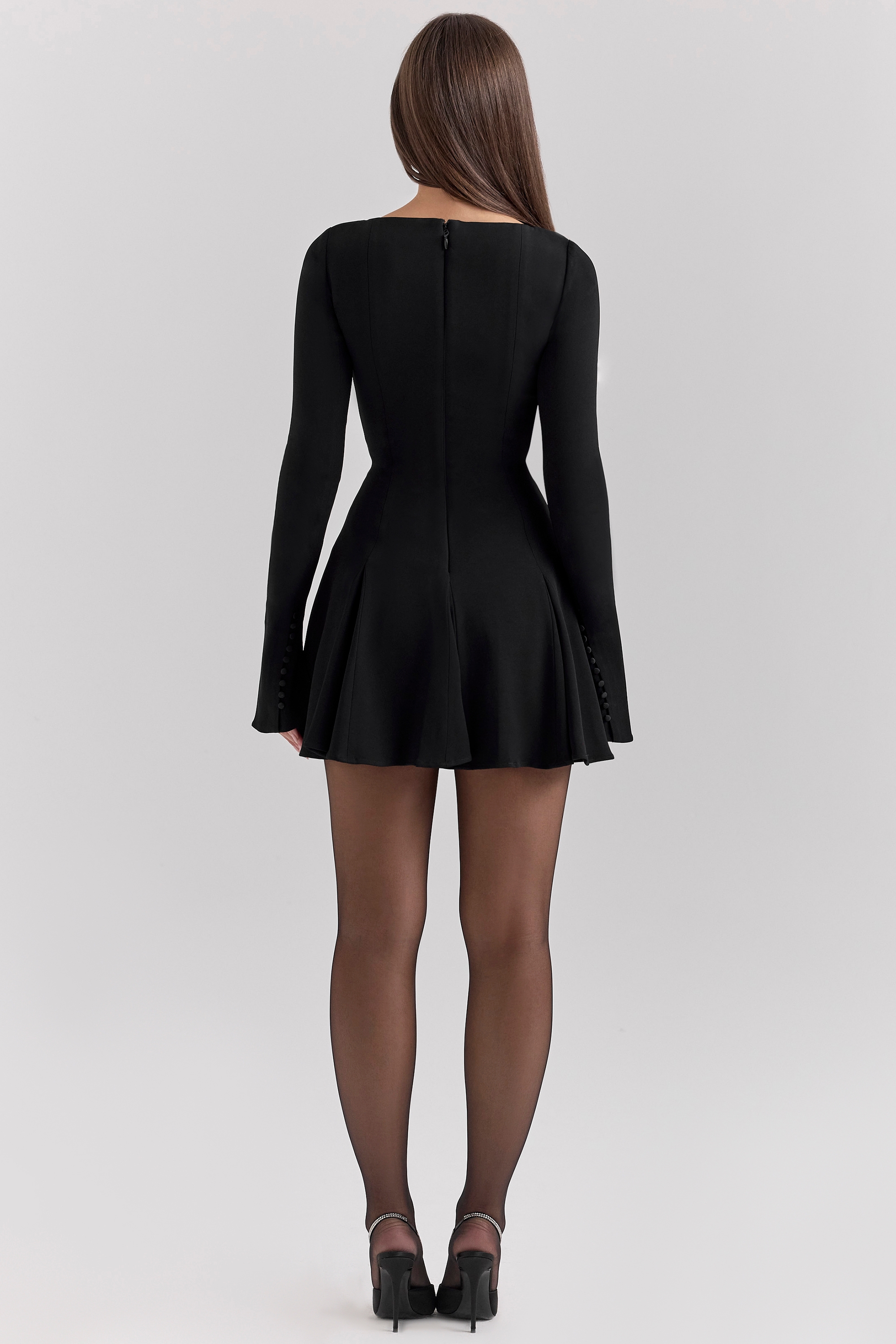 Francesca-Black Stretch Crepe Godet Mini Dress