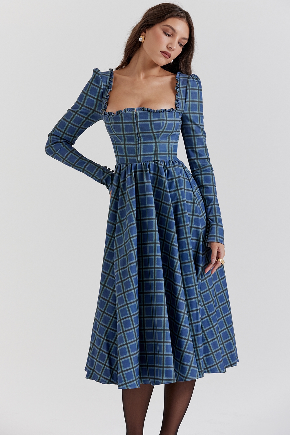 Delia-Blue Tartan Midi Dress