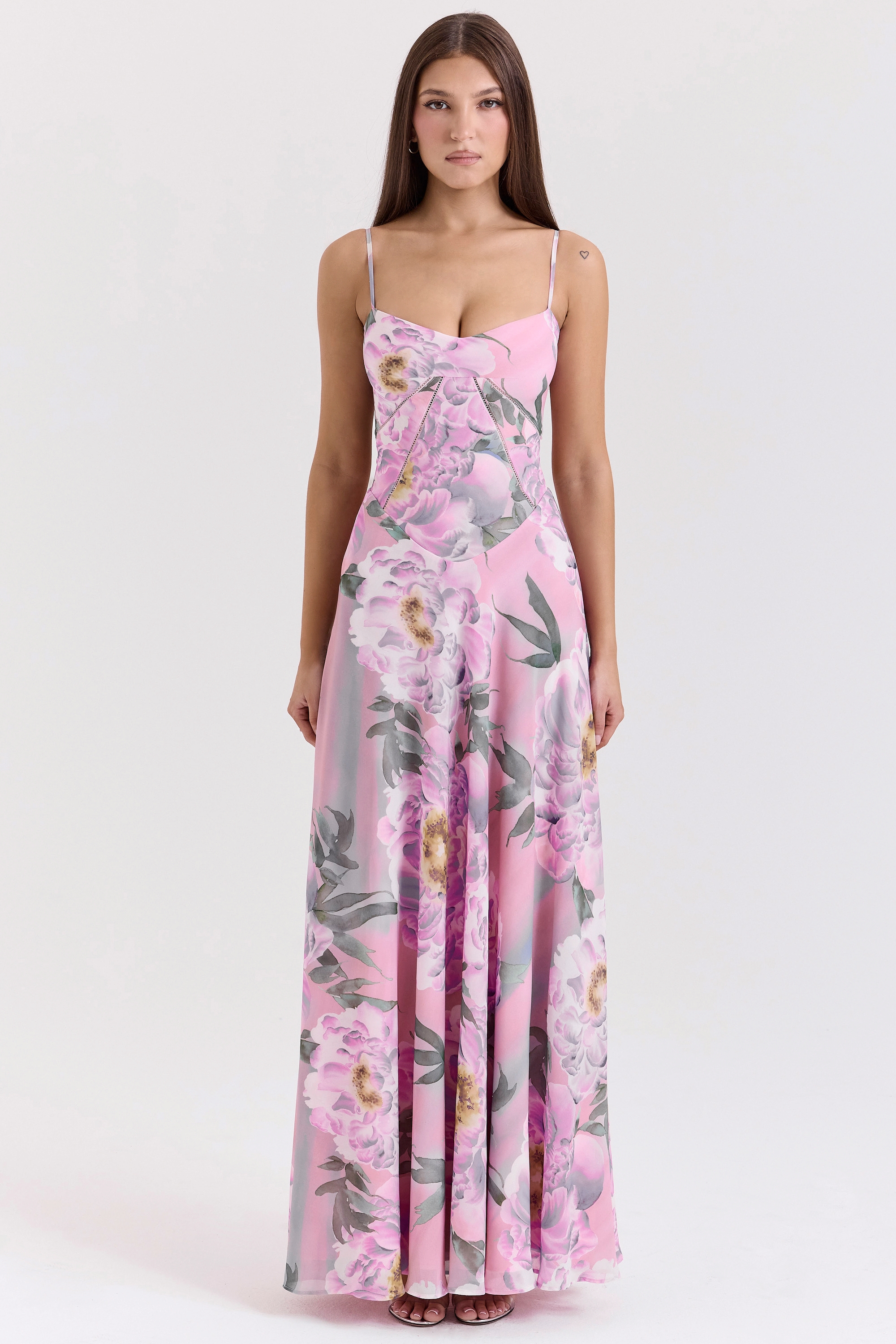 Seren-Pink Floral Print Lace Back Maxi Dress