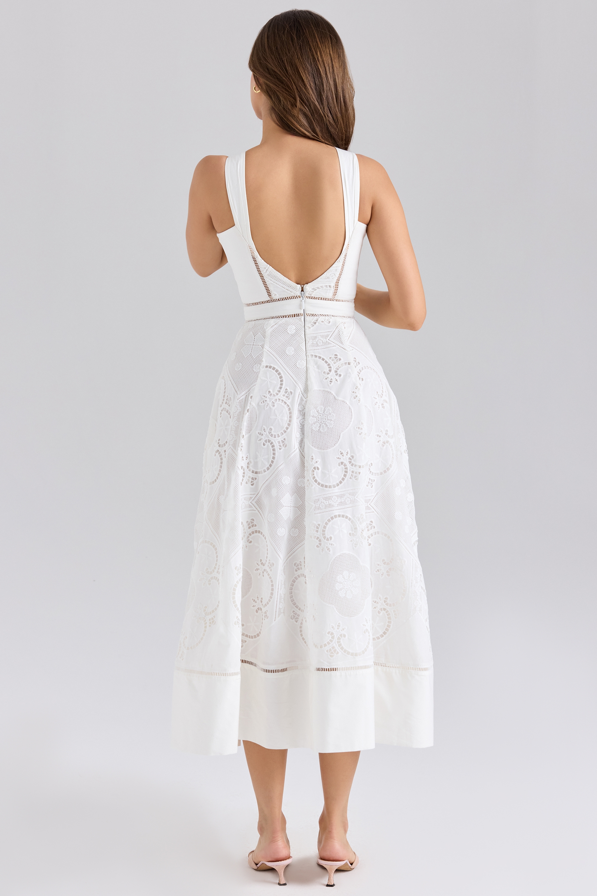 Ava-White Stretch Cotton Broderie Anglaise Midi Dress