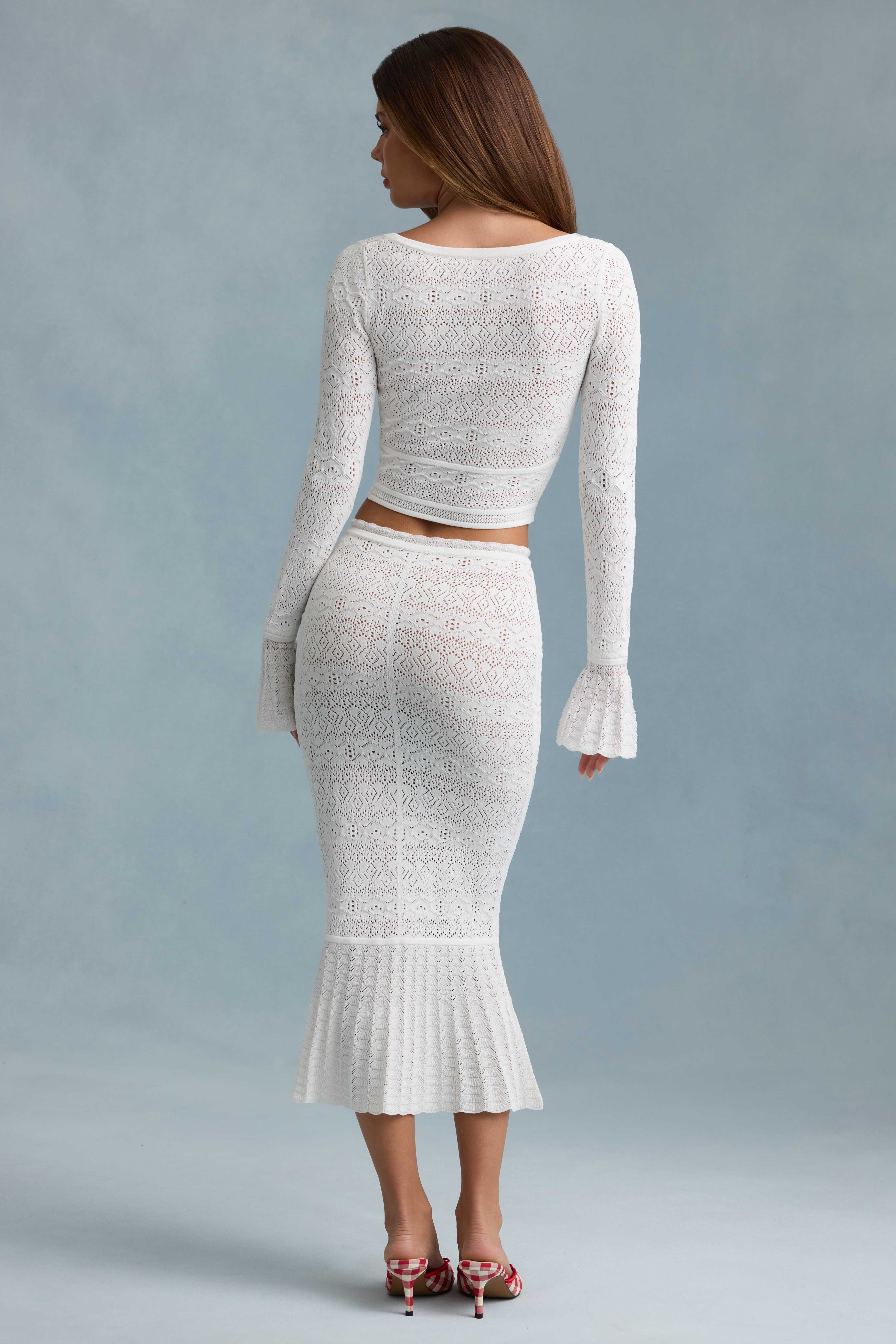 Yasira-Ruffle-Trim Pointelle-Knit Midaxi Skirt in White