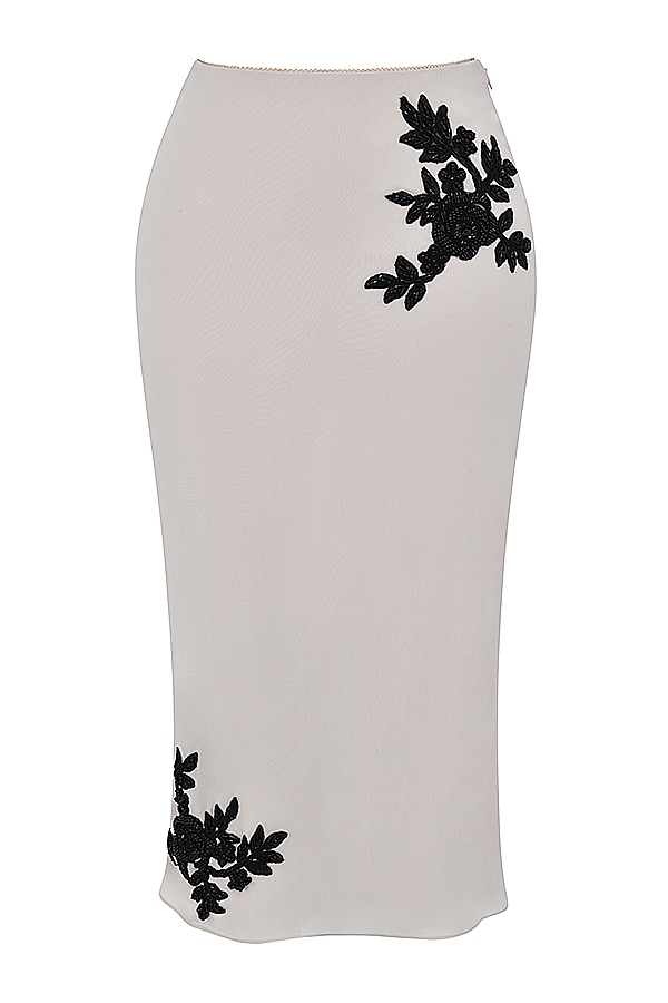 Amal-Champagne Beaded Midi Skirt