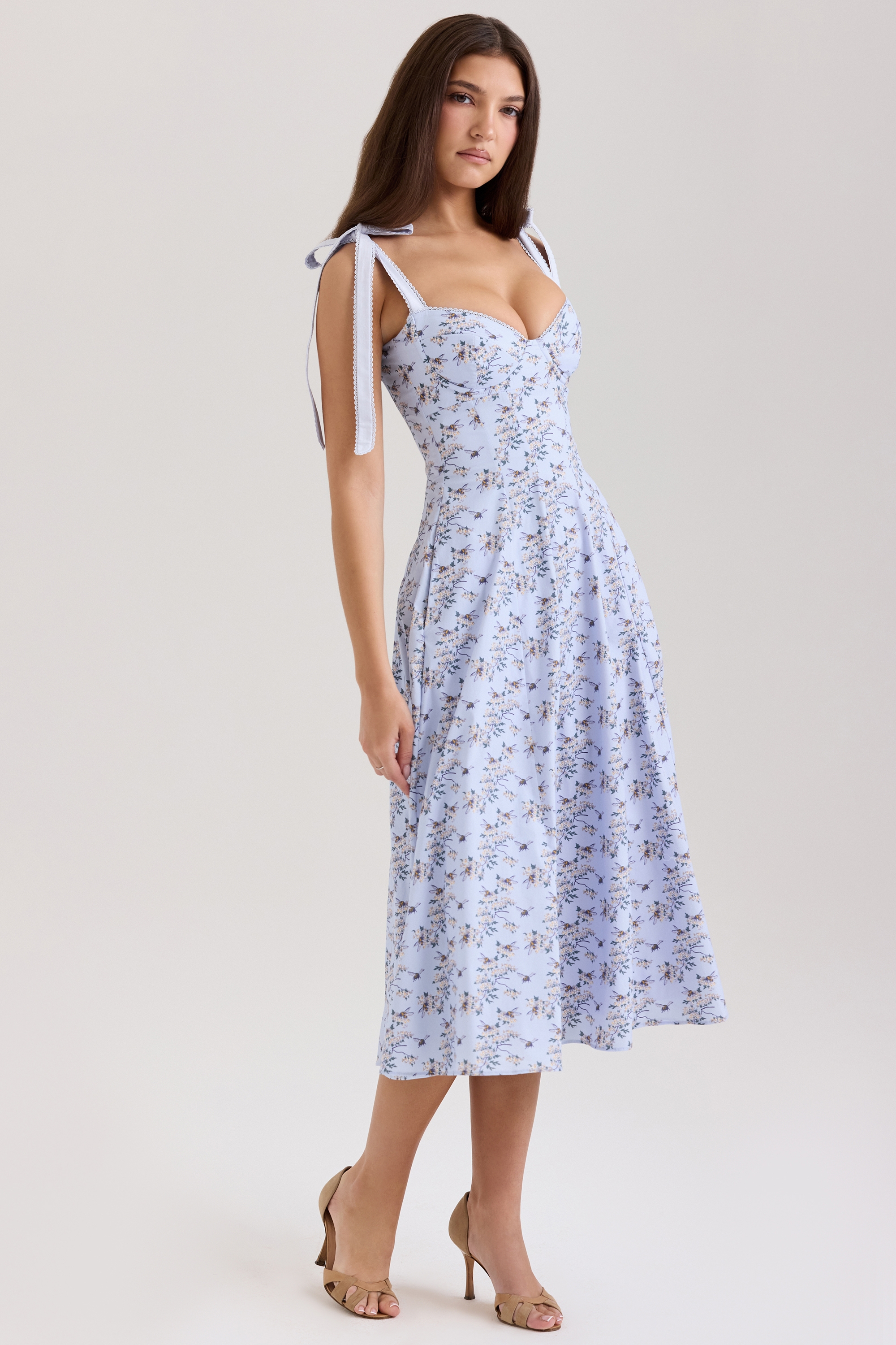 Emely-Blue Floral Print Stretch Cotton Midi Sundress