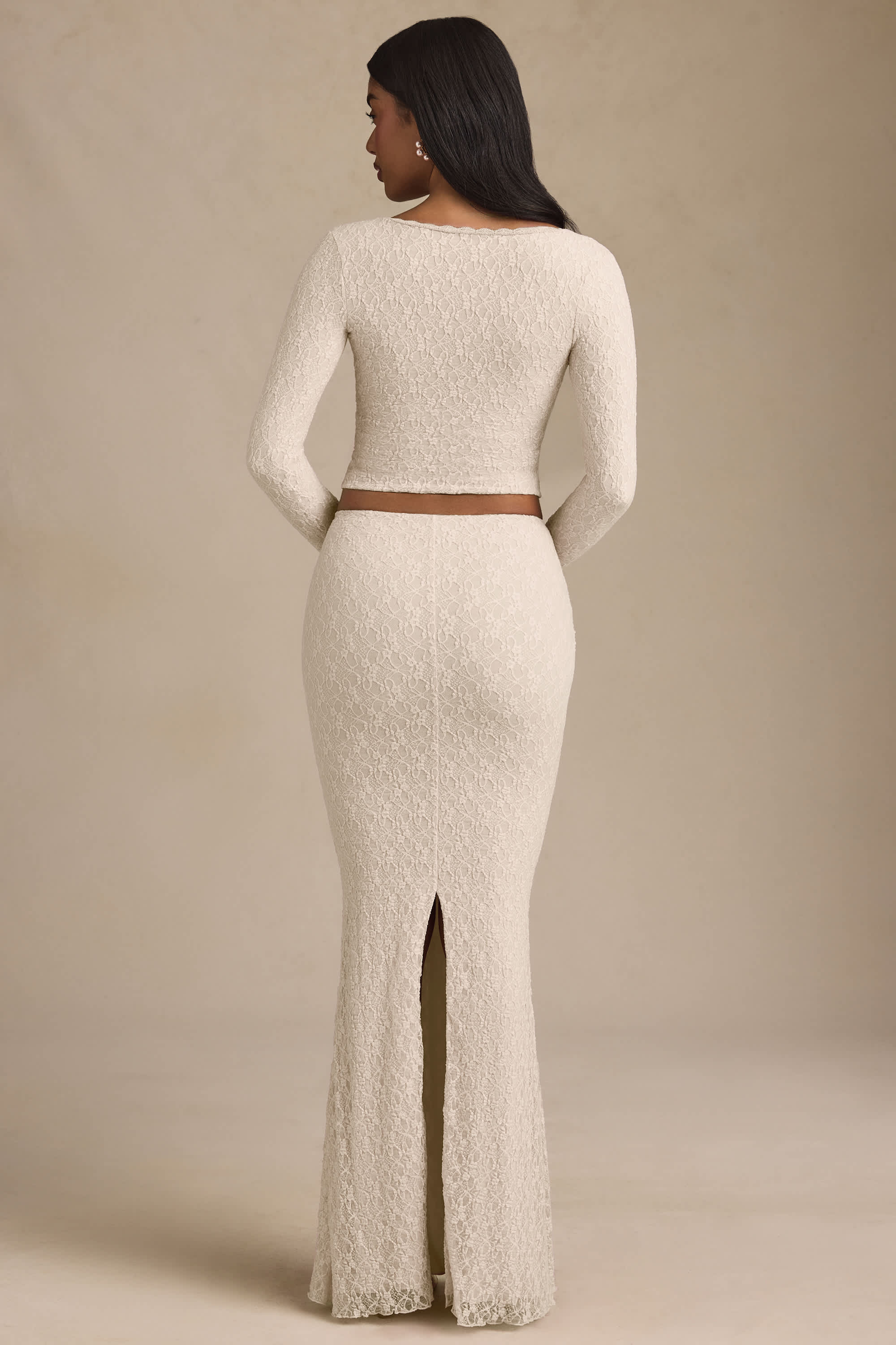 Vanda-Draped Low-Rise Lace Maxi Skirt in Ivory