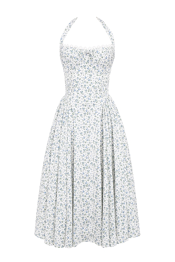 Adabella-White Bluebell Print Cotton Halter Sundress