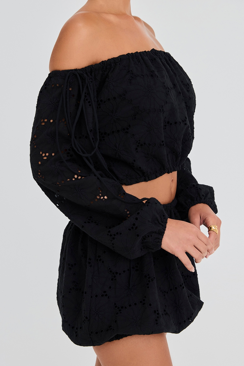 Mistress Rocks Black Broderie Cotton Off Shoulder Top - SALE