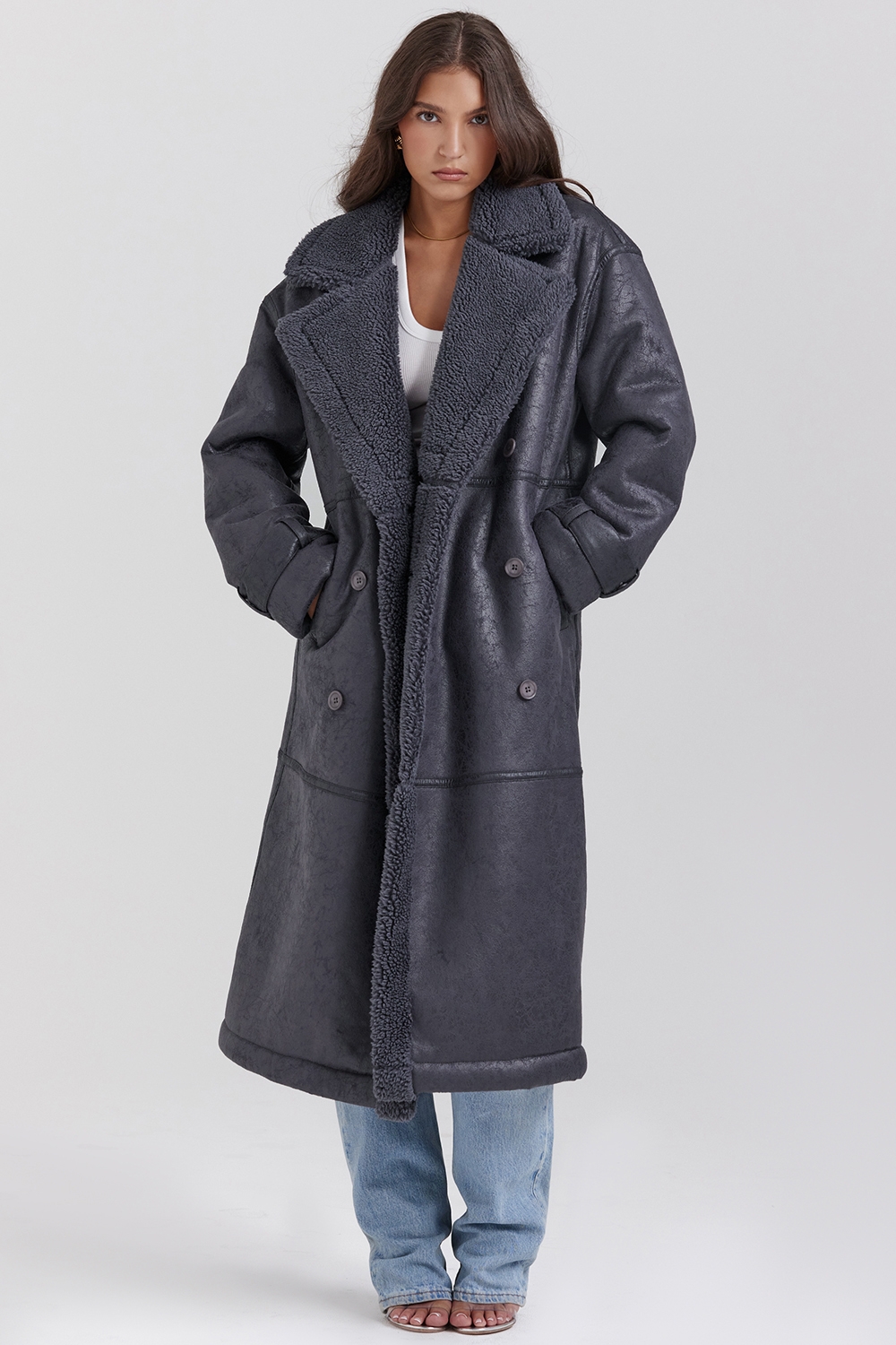 Deiji-Grey Vegan Shearling Coat