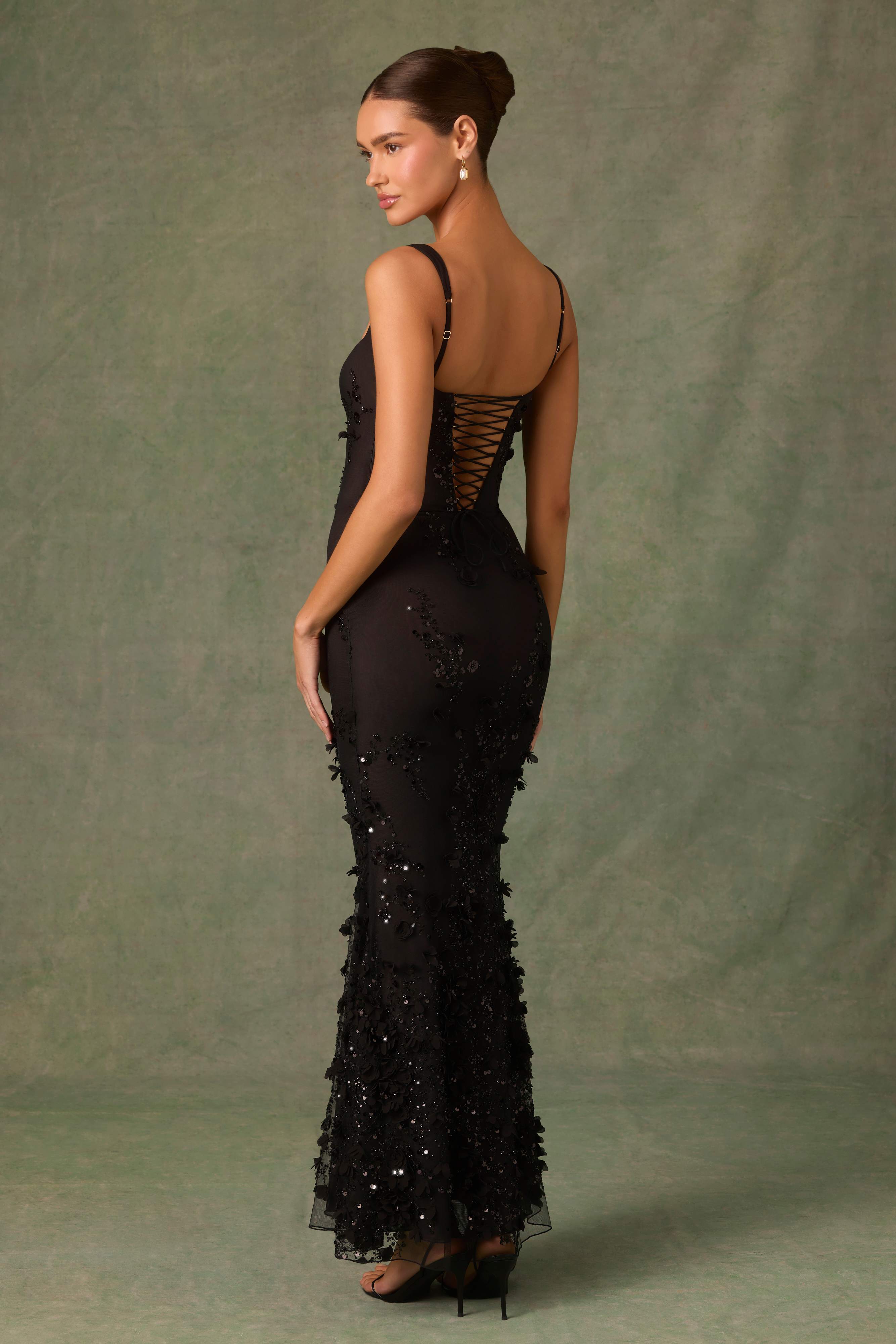 Vasanta-Embellished Fishtail Corset Gown in Black