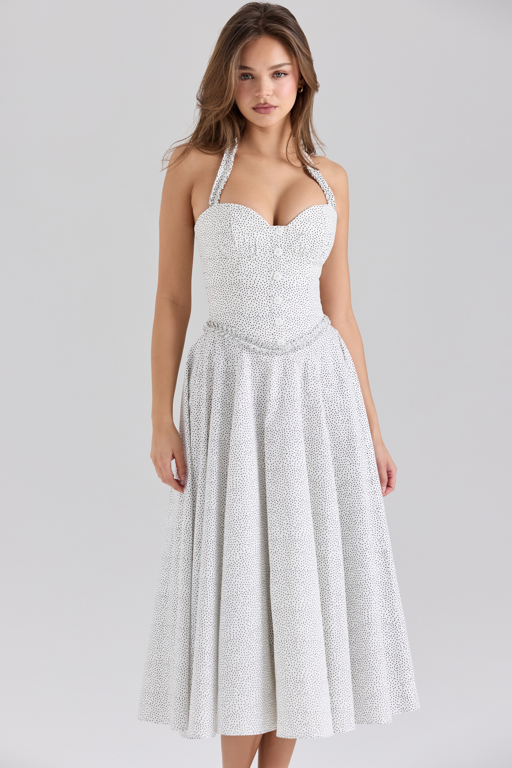 Georgie-Cotton Halter Neck Polka Dot Print Midi Dress