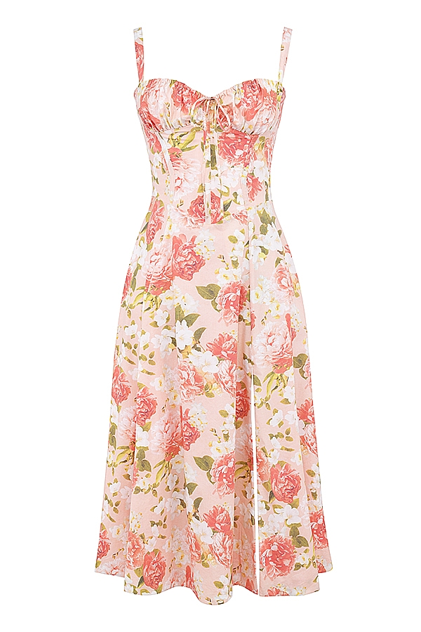 Carmen-Pink Peony Print Cotton Bustier Sundress