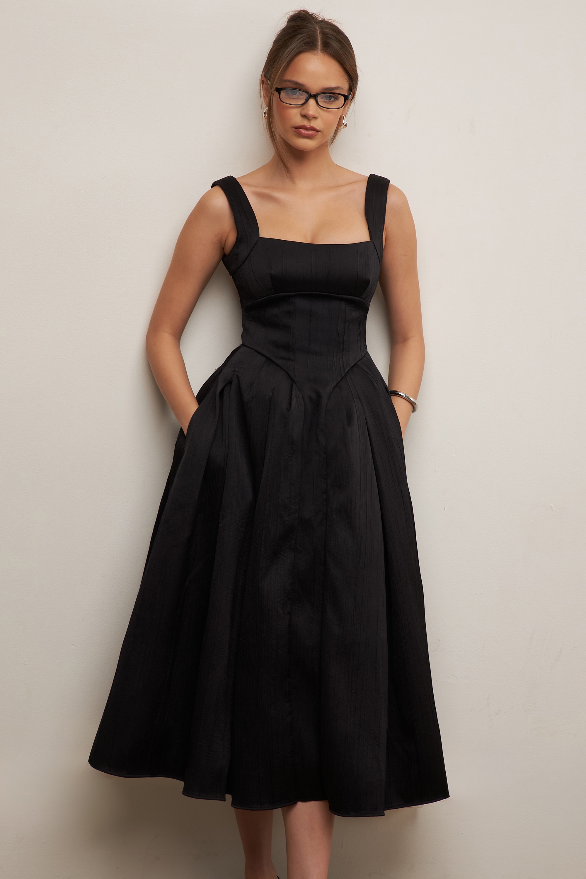 Isabeau-Black Textured Satin Corset Midi Dress