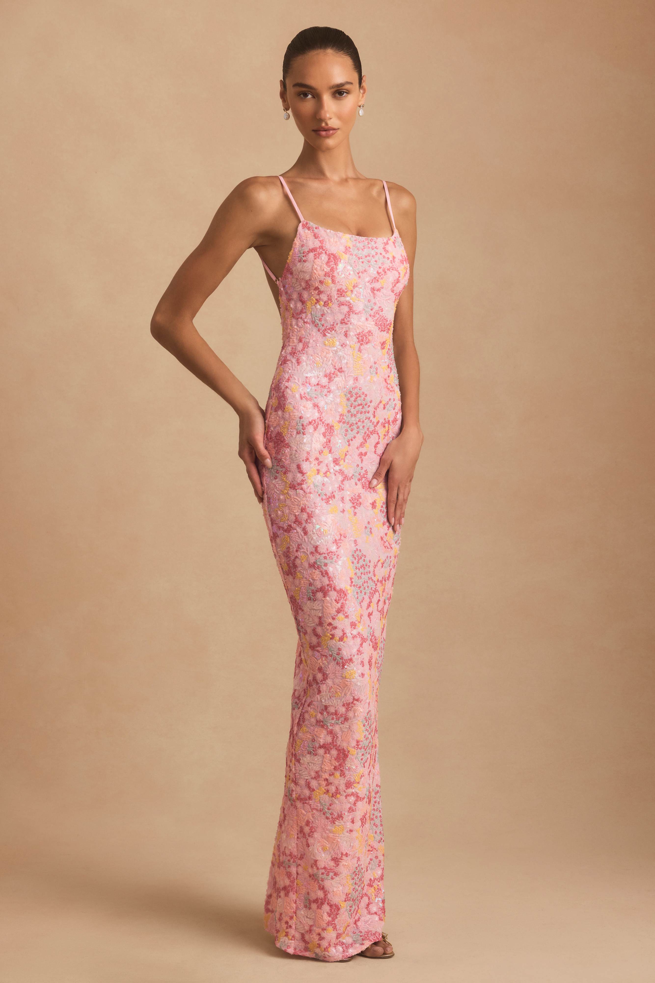 Tavira-Embellished Scoop-Neck Backless Maxi Dress in Pink