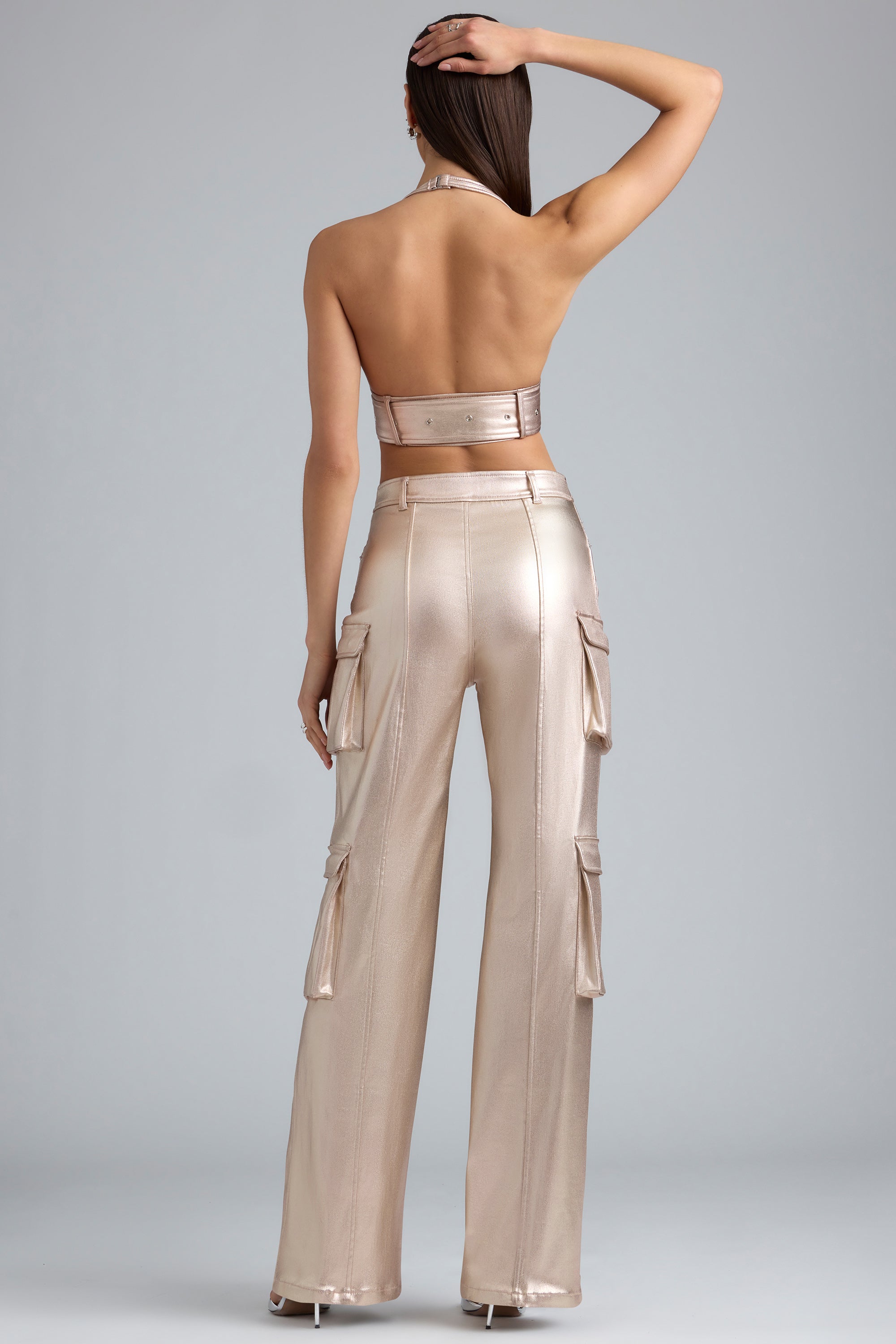 Riley-Metallic Denim Cargo Trousers in Champagne