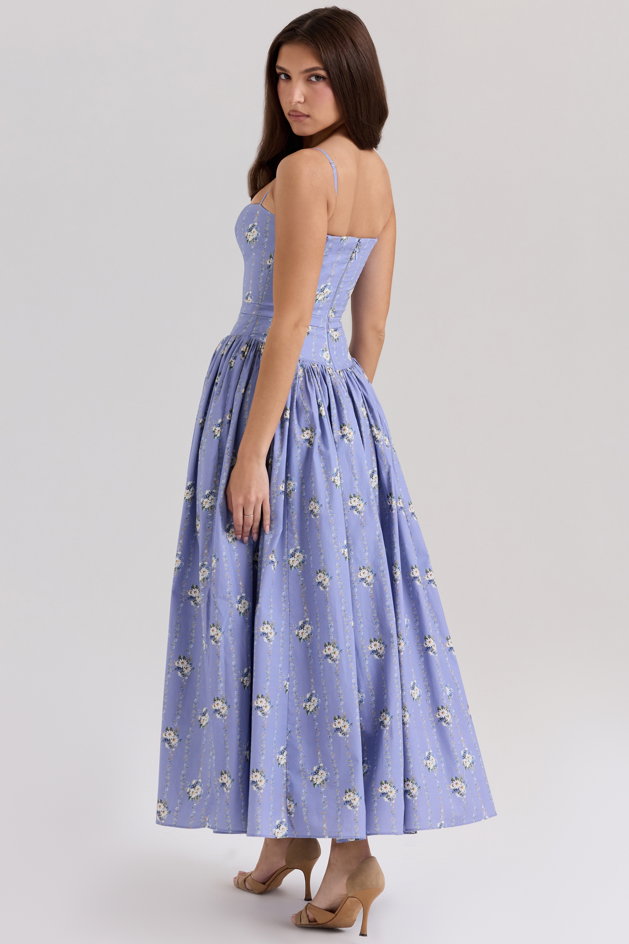 Ysabella-Blue Daisy Print Stretch Cotton Midi Sundress