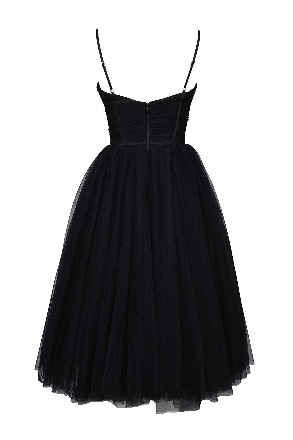 Countess-Black Tulle Ruched Bodice Midi Dress - SALE