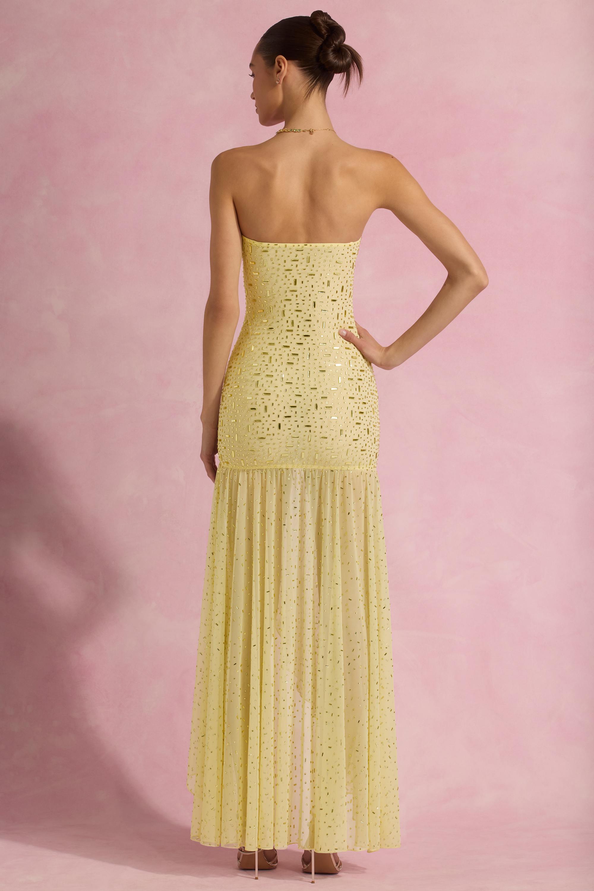 Kerra-Semi-Sheer Embellished Asymmetric Maxi Dress in Yellow