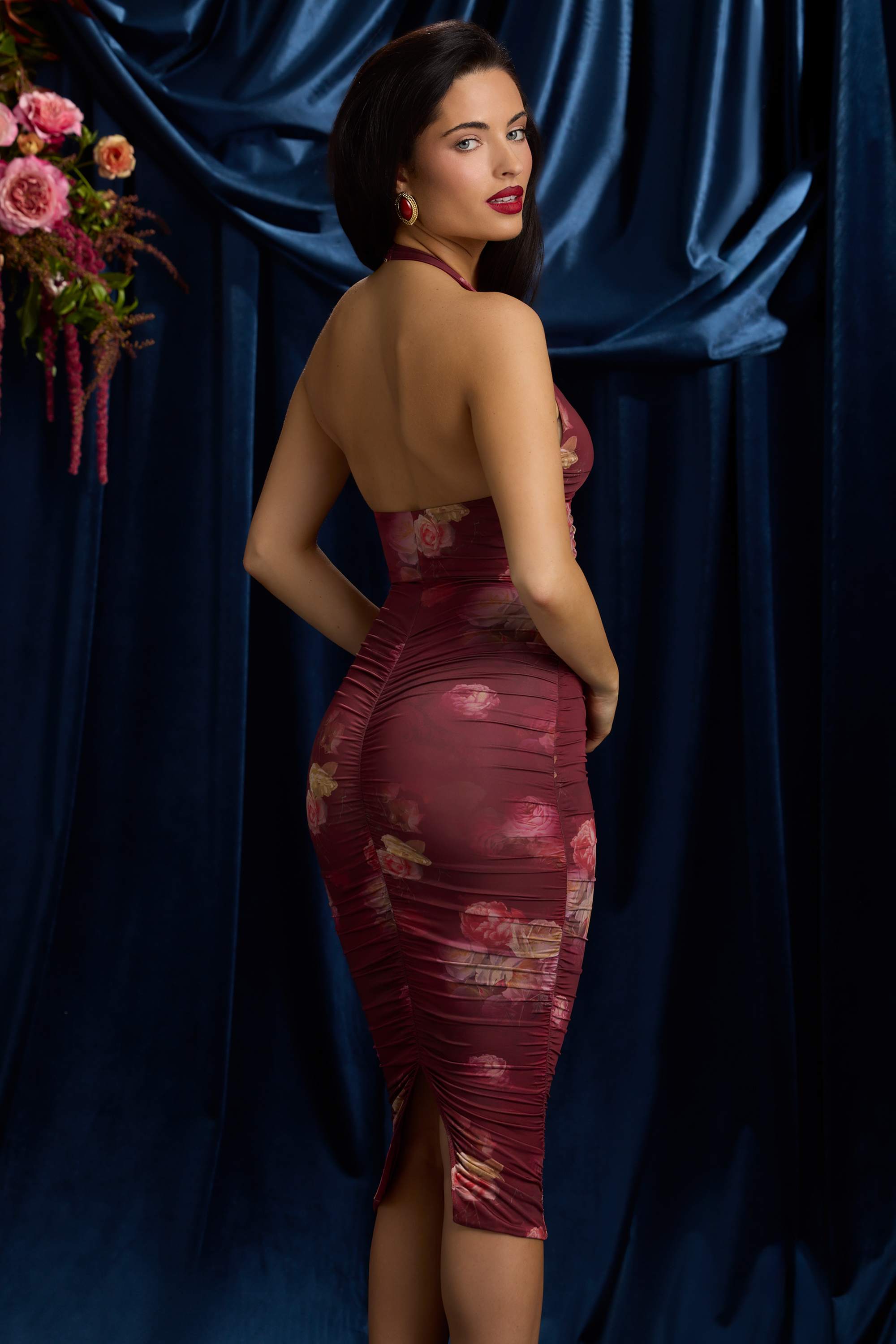 Sofija-Ruched Plunge Halterneck Midi Dress in Maroon Floral Print