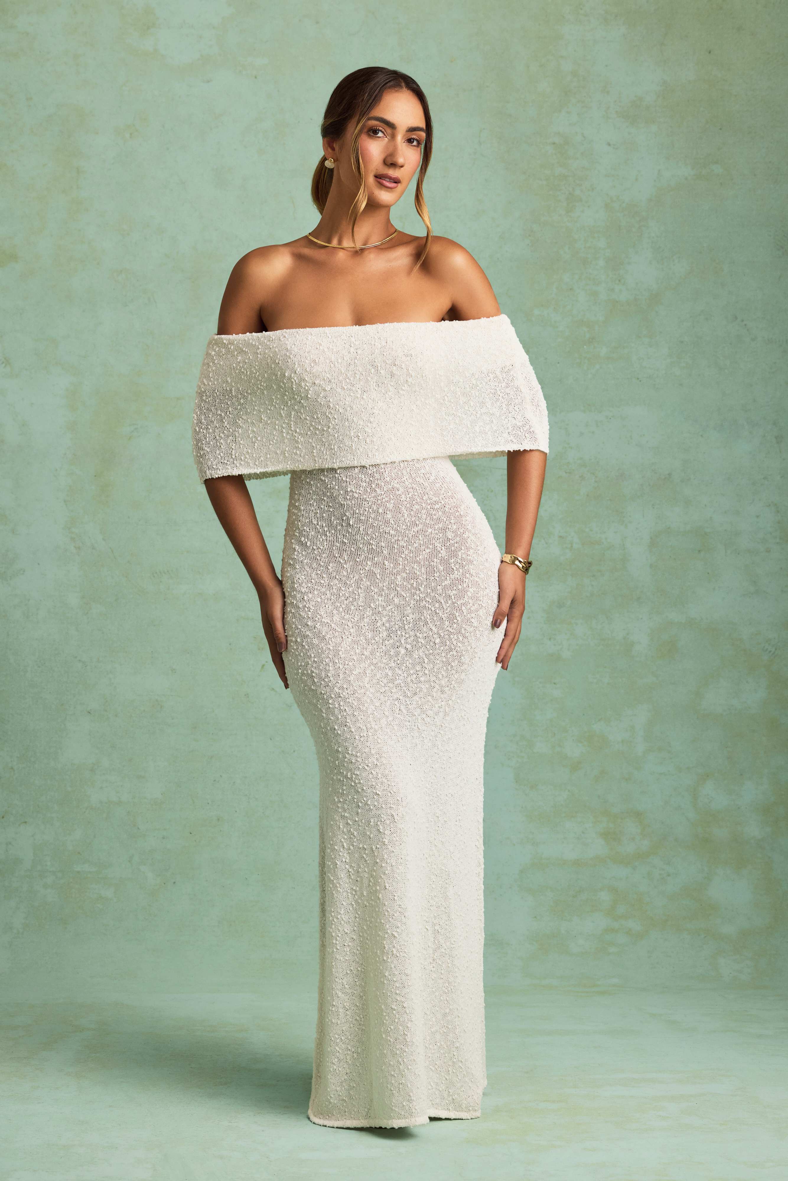 Naia-Bouclé Off-Shoulder Maxi Dress in White