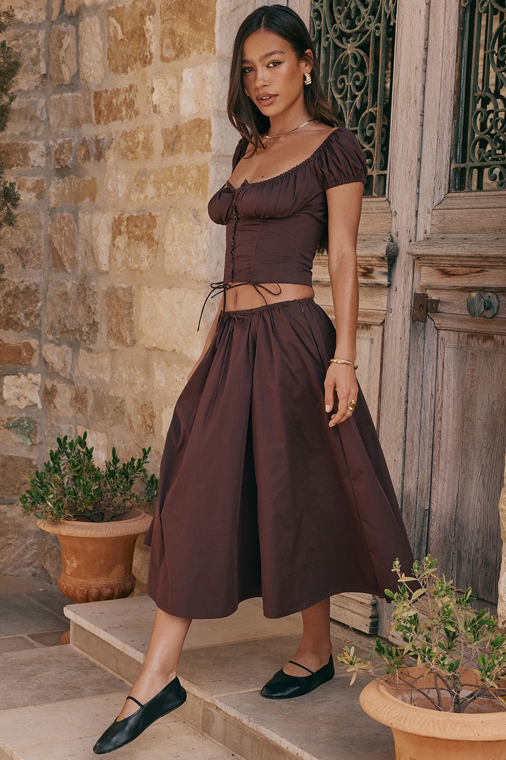 Cora-Rich Brown Gathered Midi Skirt