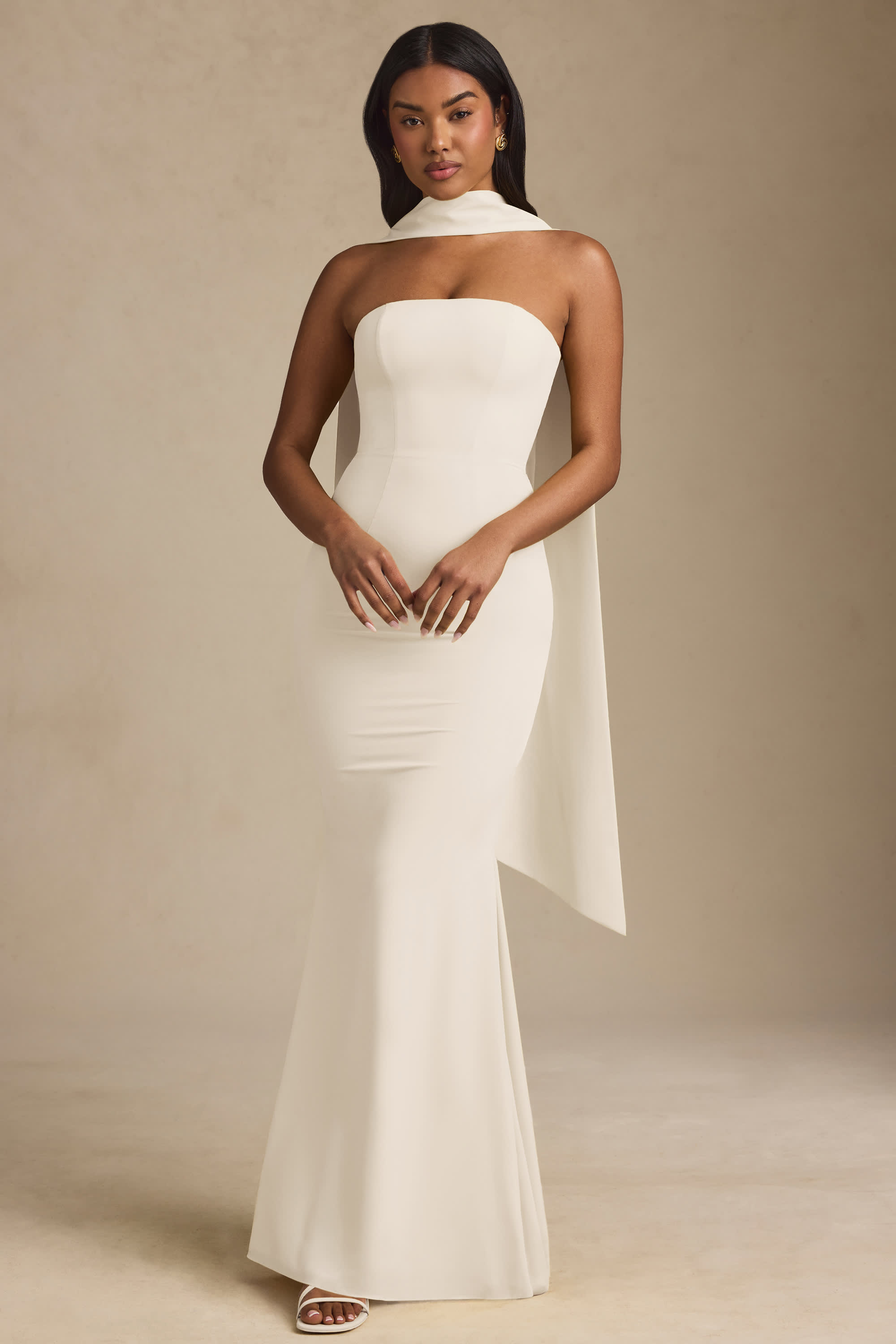Imogene-Scarf-Detail Strapless Gown in Ivory