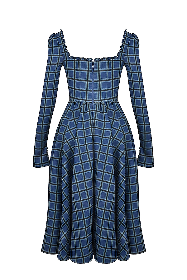 Delia-Blue Tartan Midi Dress