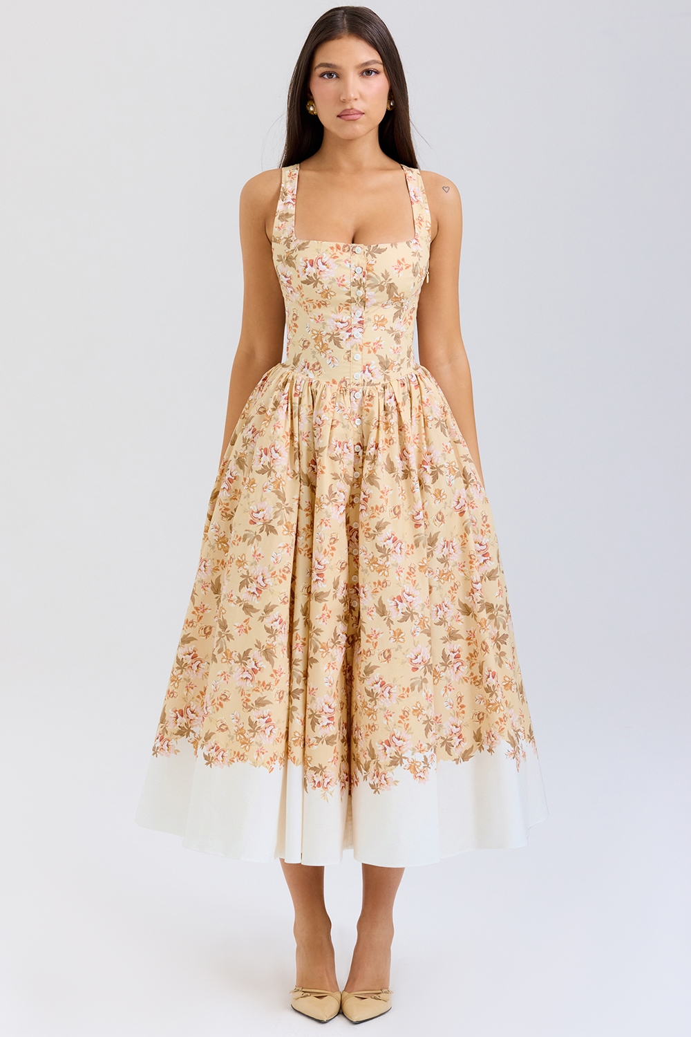 Alba-Honeyflower Print Gathered Cotton Midi Dress