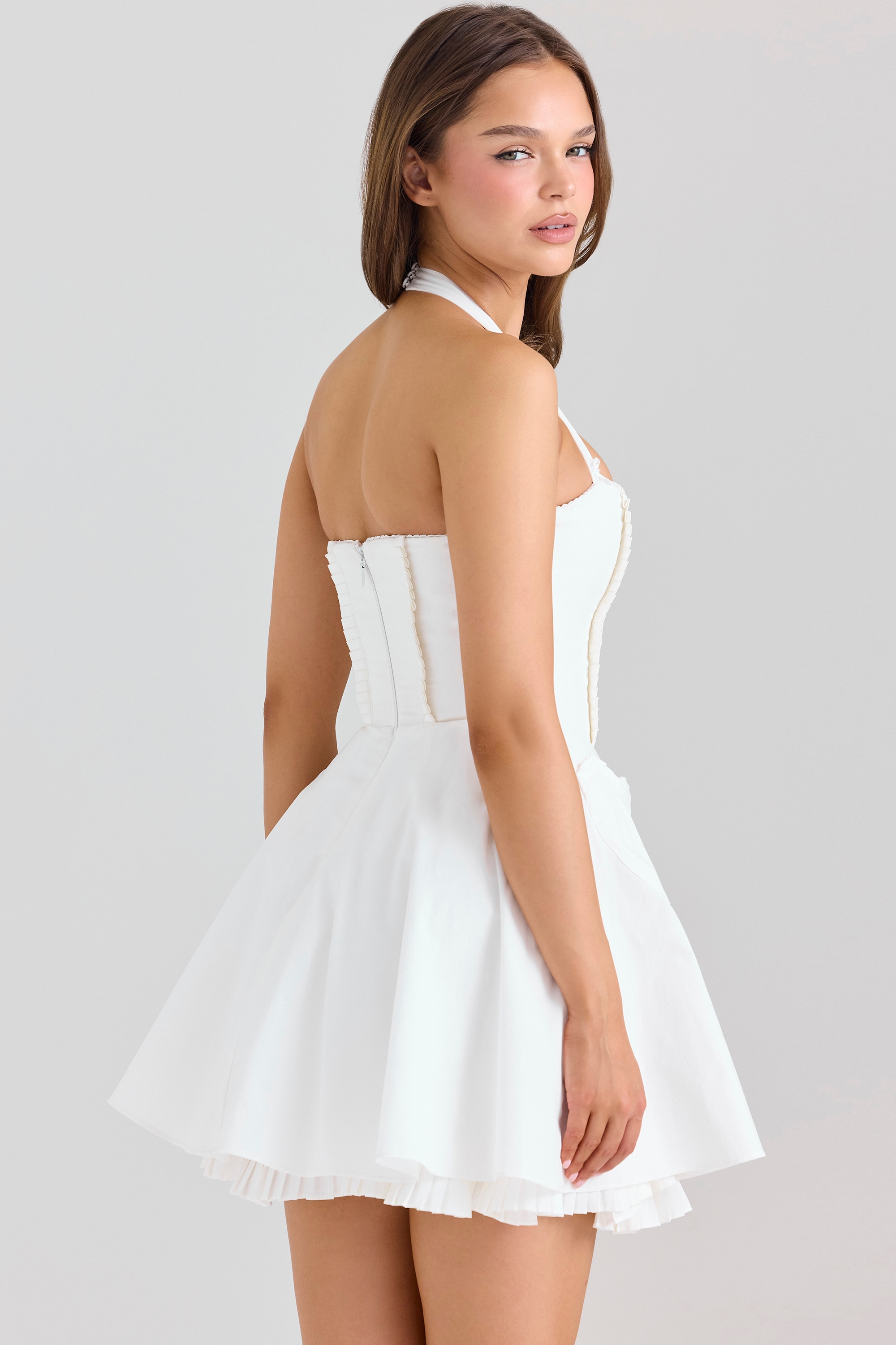 Heidi-White Stretch Cotton Halter Neck Mini Dress