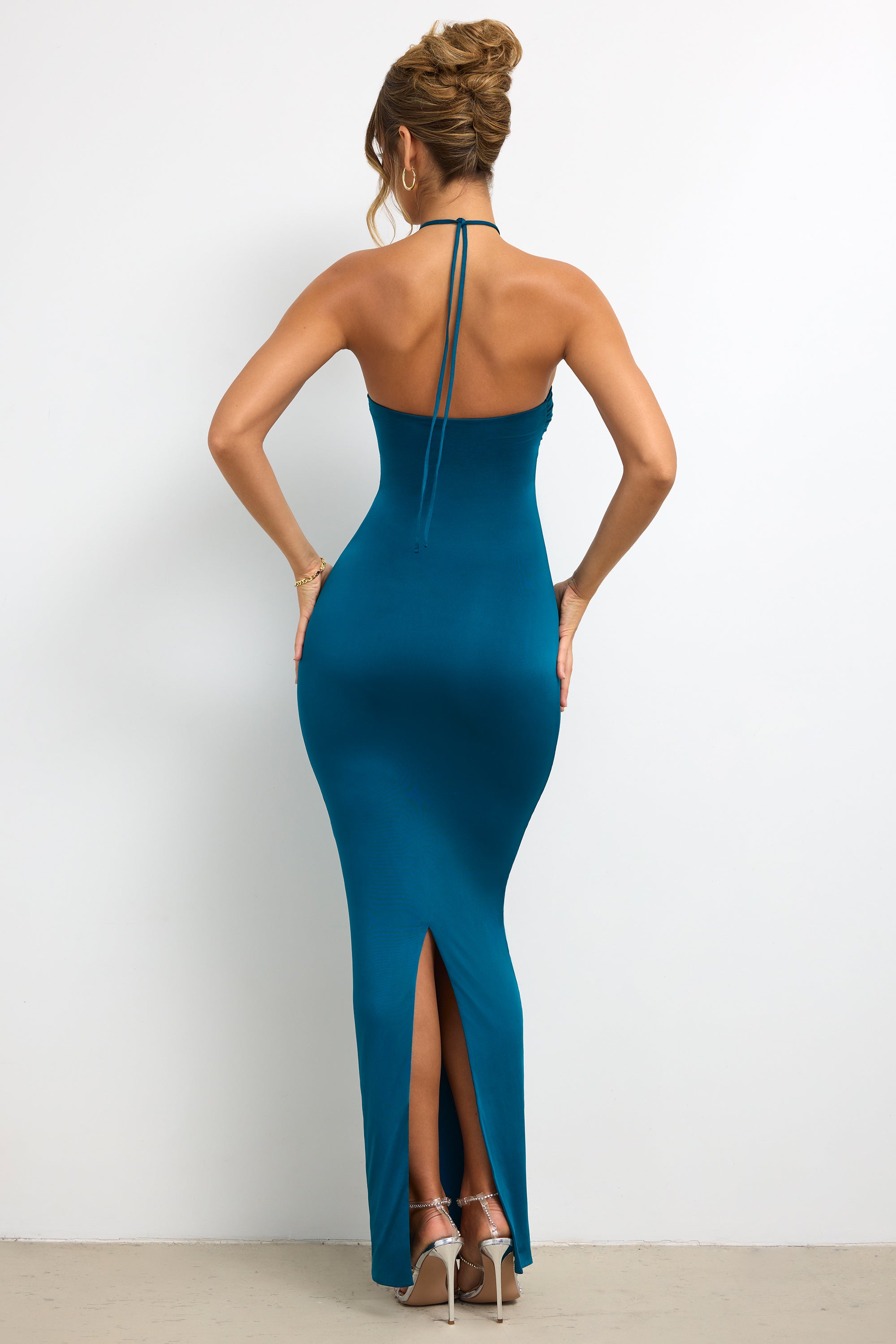 Vasara-Slinky Jersey Rose Detail Halter Neck Maxi Dress in Dark Teal