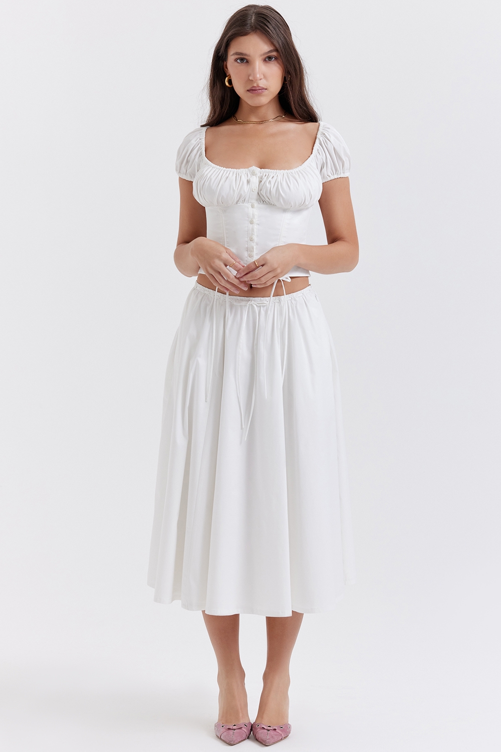 Cora-White Gathered Midi Skirt