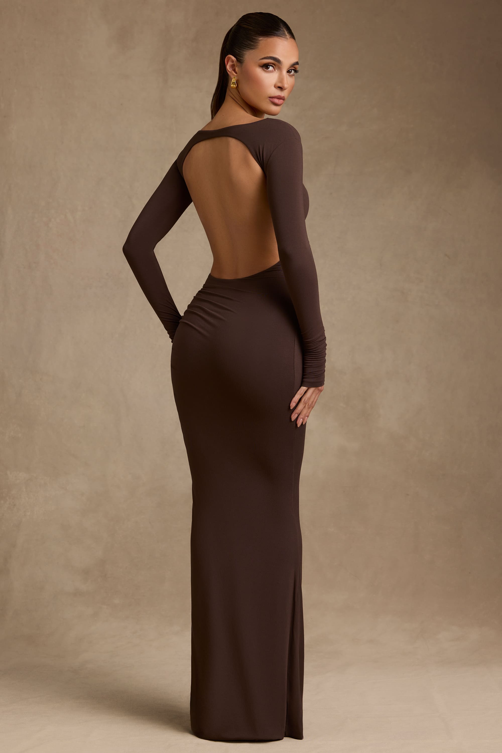 Regine-Modal Ruched Backless Maxi Dress in Chocolate Brown