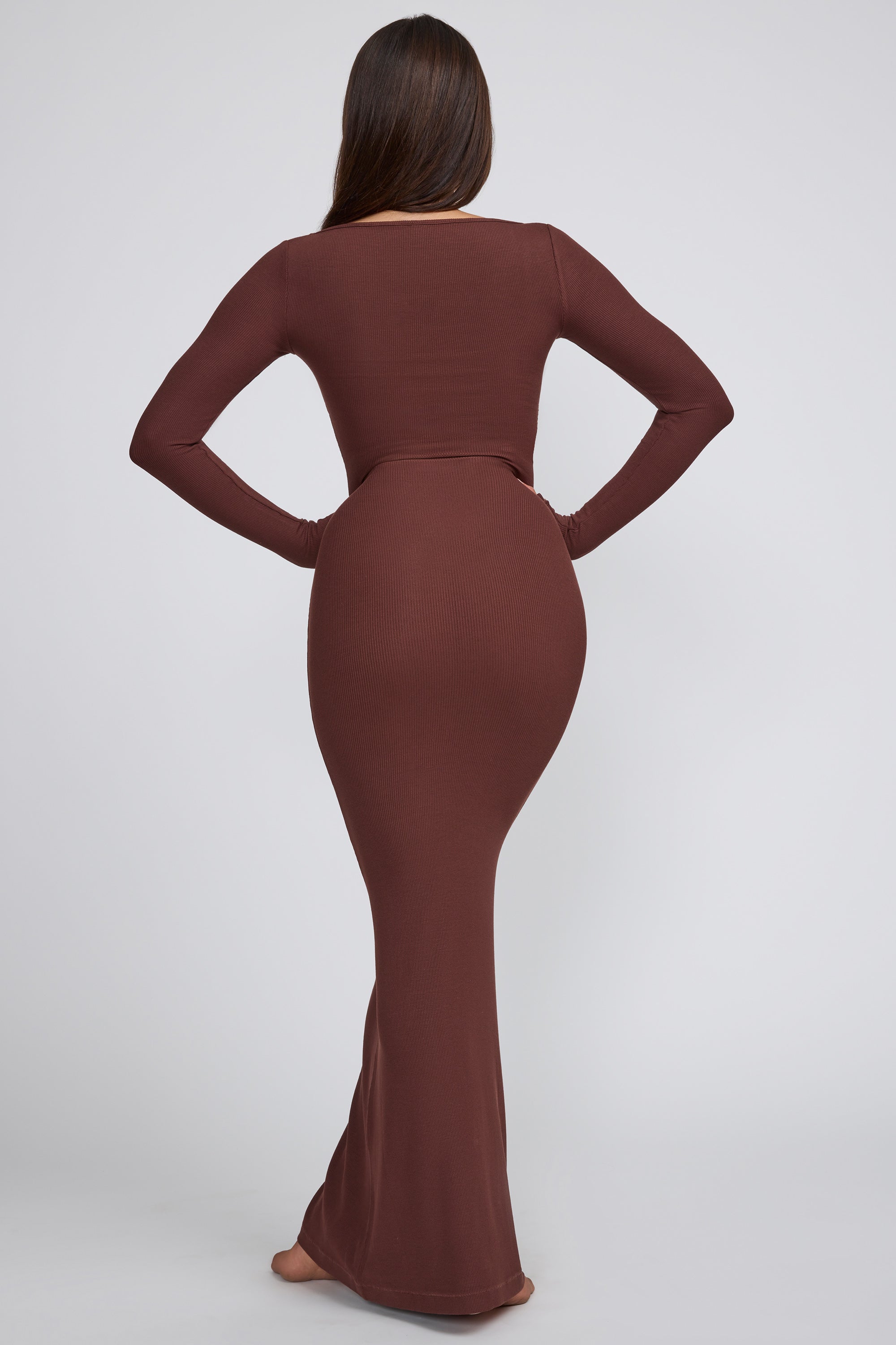 Jude-Ribbed Modal Long Sleeve Maxi Dress in Chocolate