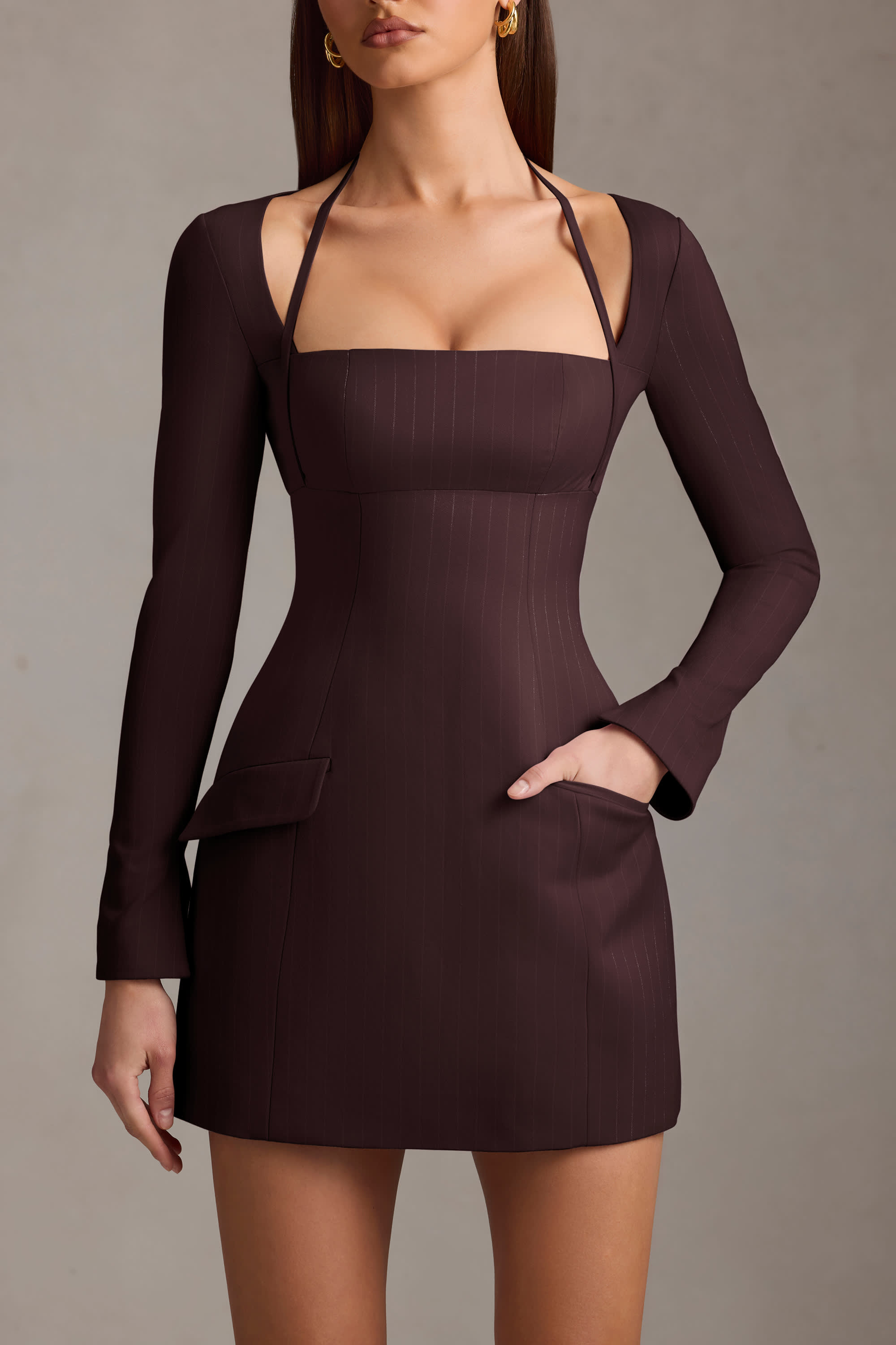 Ksenia-Pinstripe Structured A-Line Mini Dress in Chocolate Brown