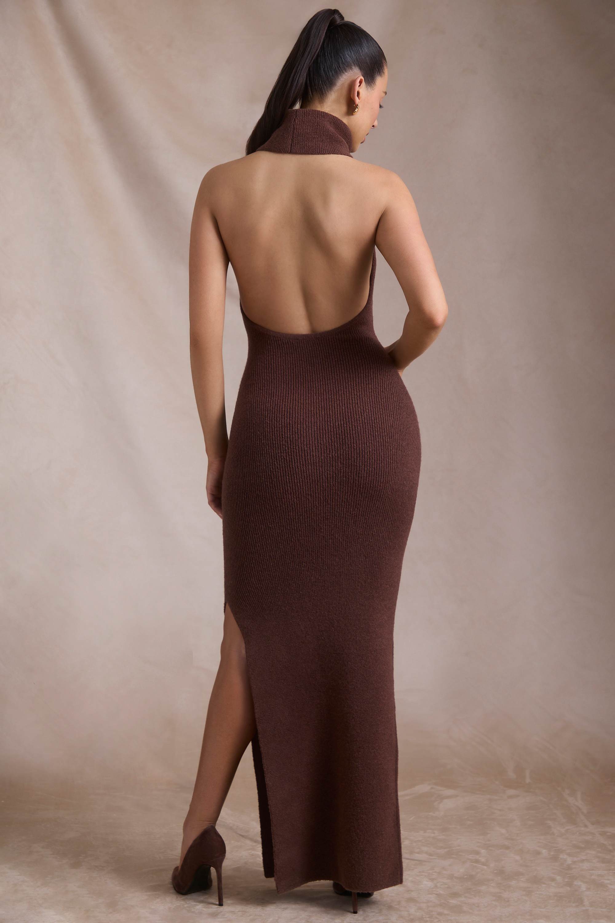 Calissa-Ribbed-Knit Turtleneck Backless Maxi Dress in Espresso