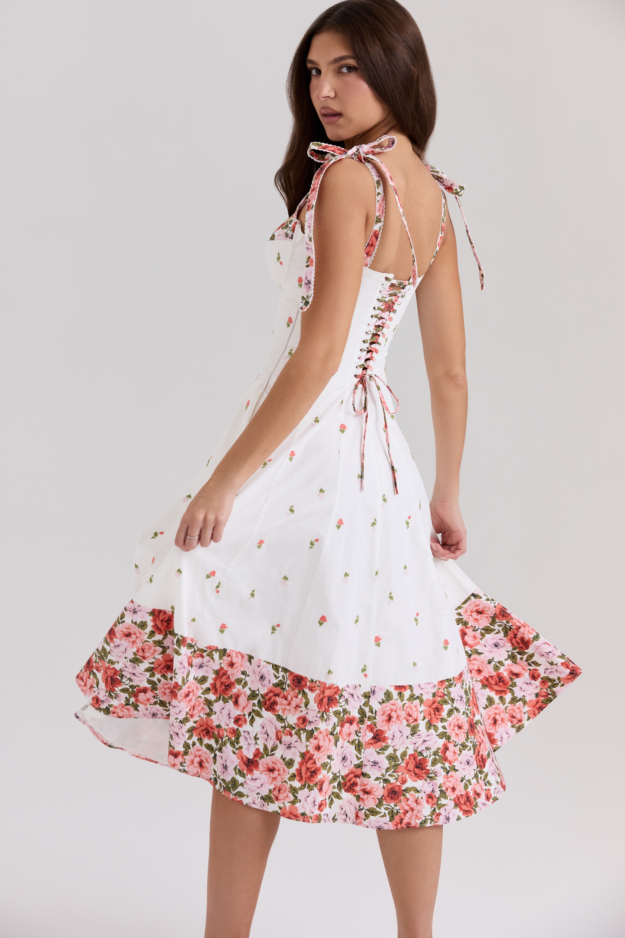 Emely-White Floral Print Stretch Cotton Midi Sundress
