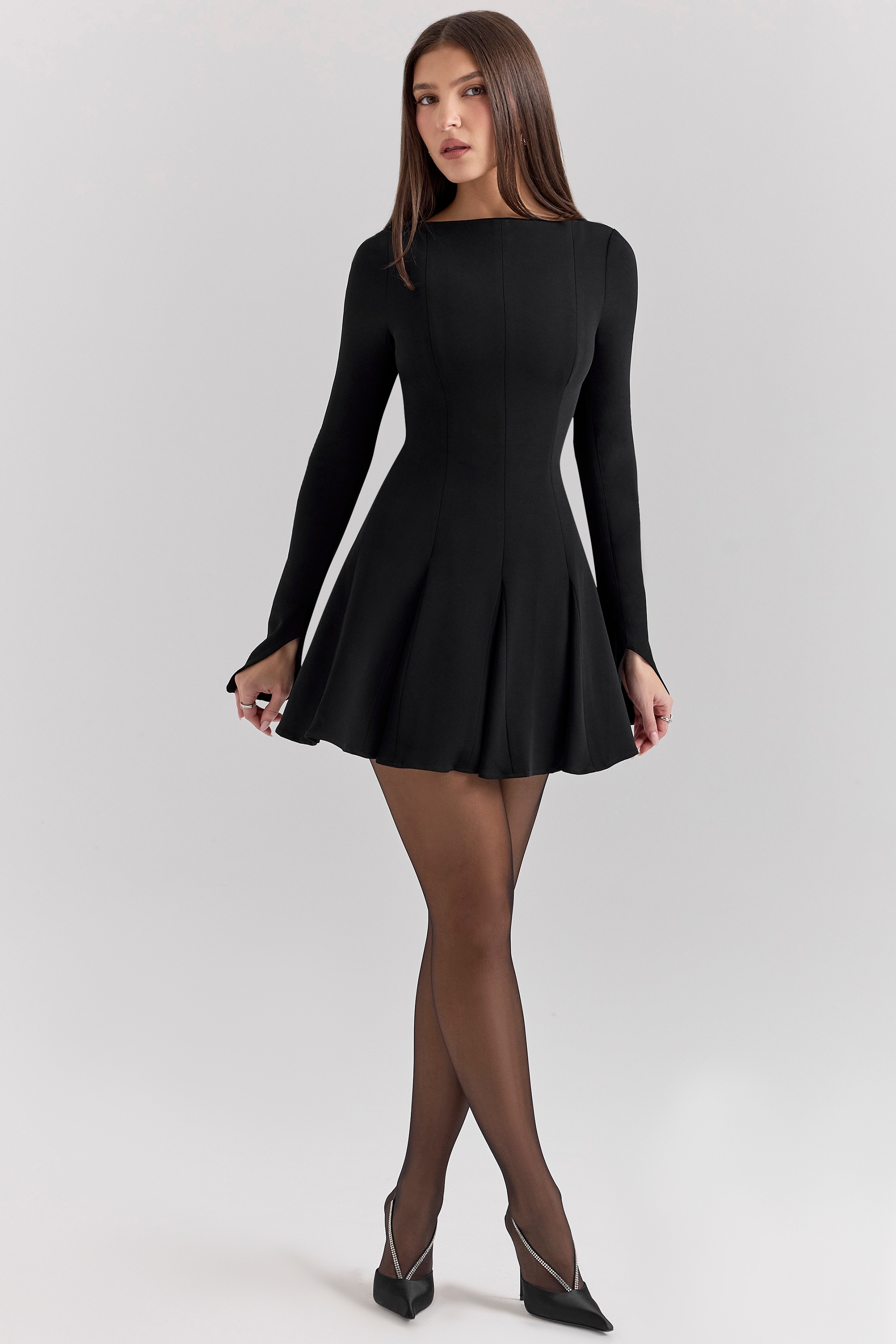 Francesca-Black Stretch Crepe Godet Mini Dress