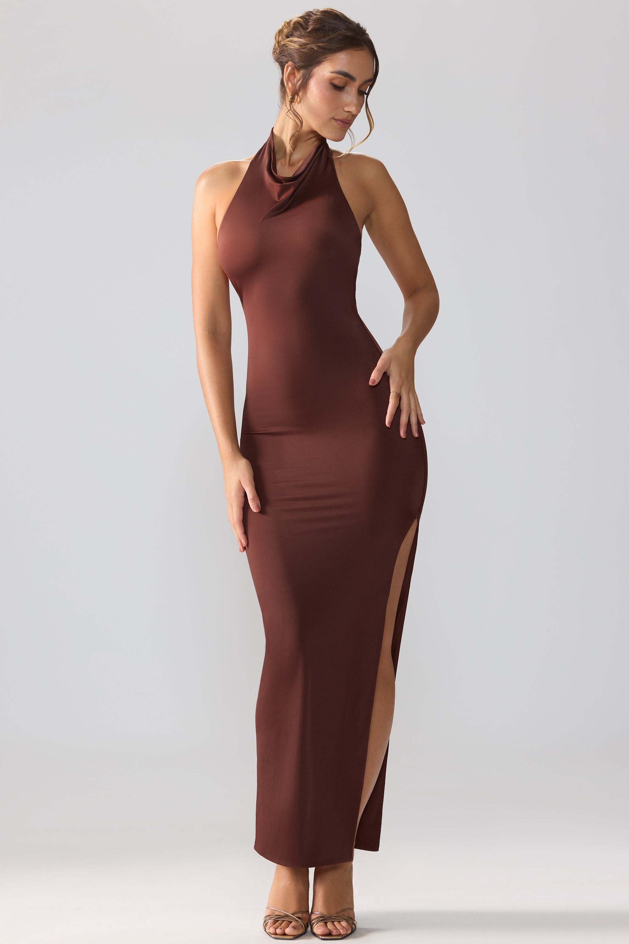 Anise-Premium Jersey Cowl Neck Backless Maxi Dress in Espresso