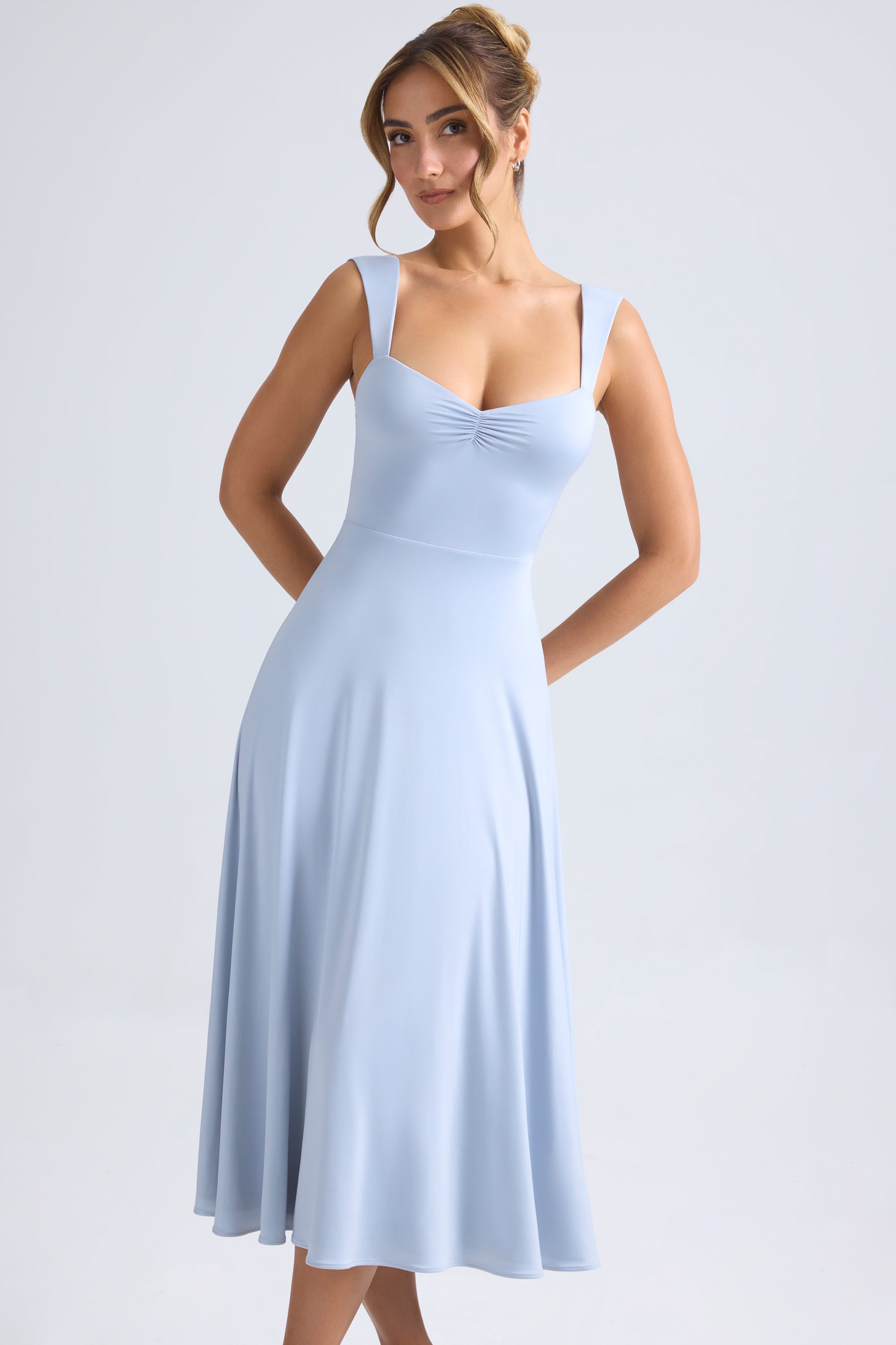Thandie-Sweetheart-Neck Ruched Midaxi Dress in Light Blue